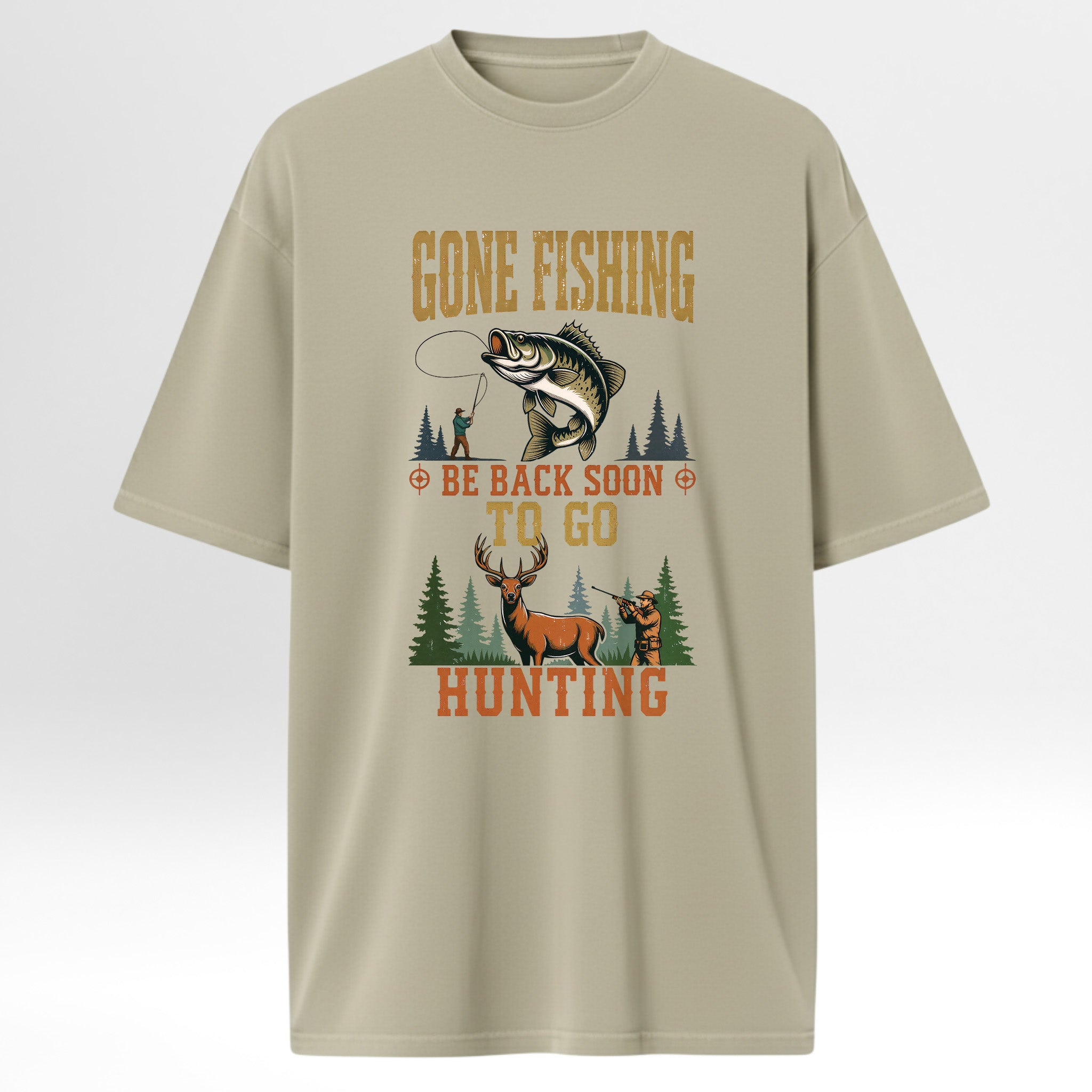 Beige hunting t-shirt with fishing and hunting graphic and text 'Gone Fishin' Be Back Soon To Go Hunting'
