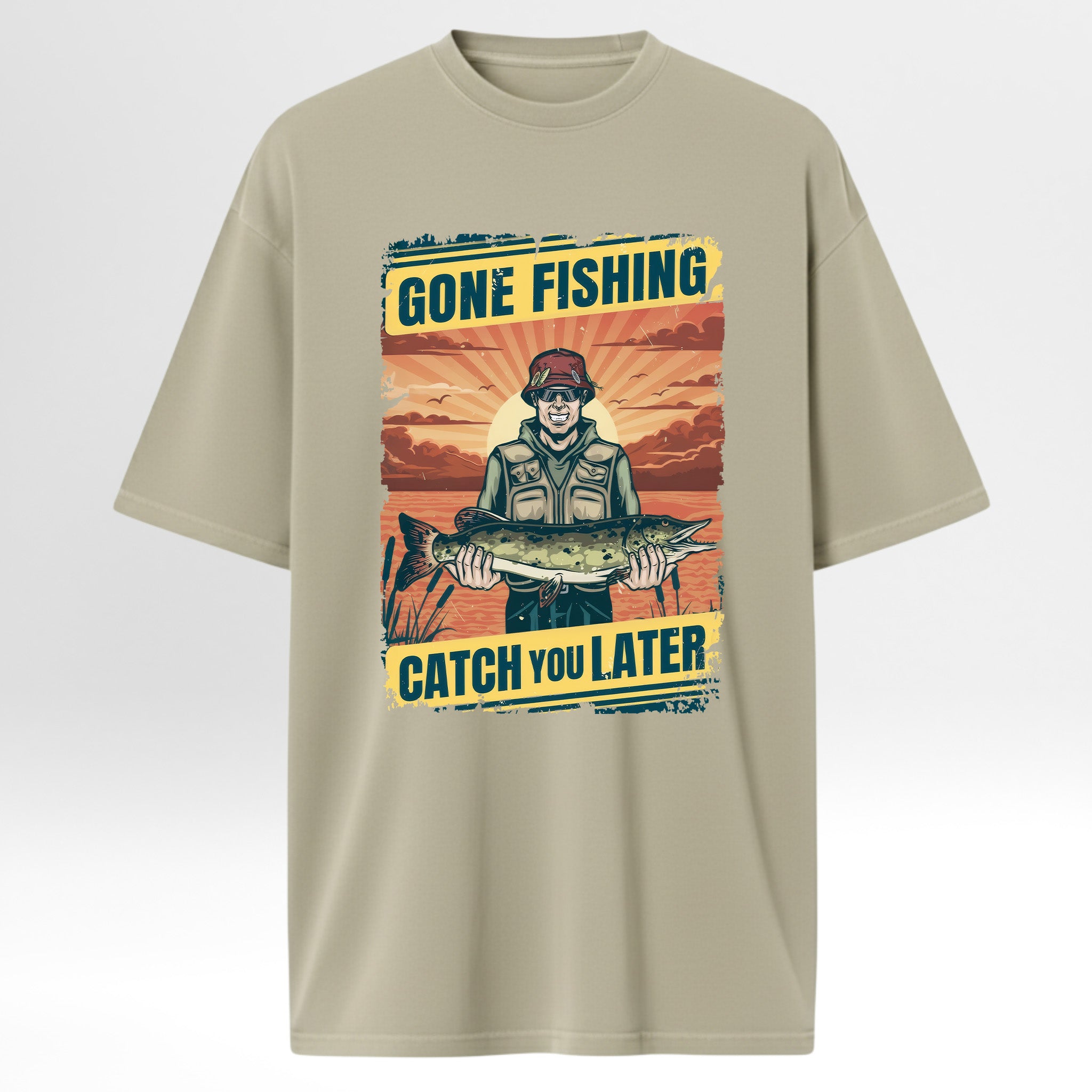 Beige hunting t-shirt with a fishing graphic and text 'Gone Fishing Catch You Later'