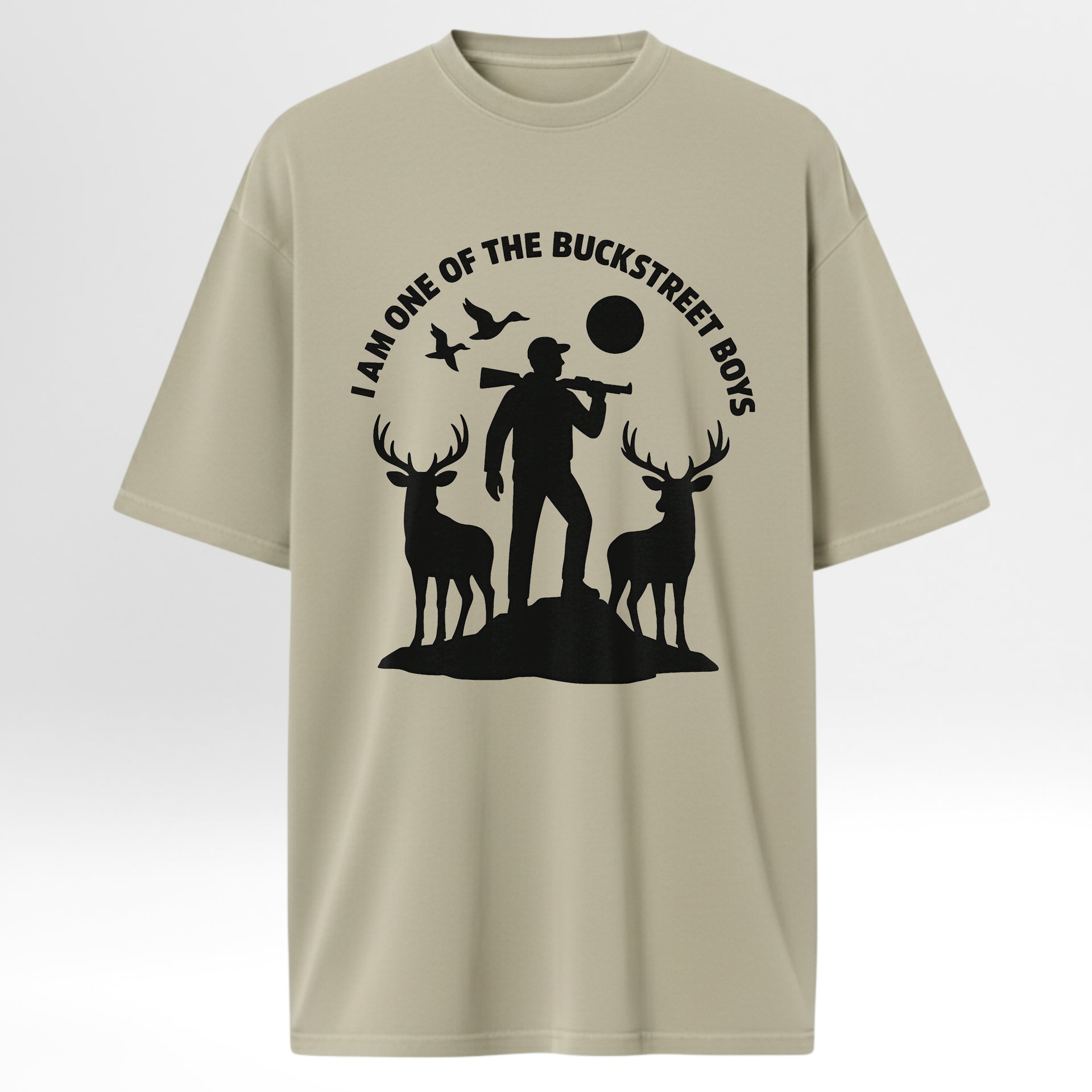 Beige t-shirt with black graphic design featuring a hunter and deer with text 'I Am One Of The Buckstreet Boys'