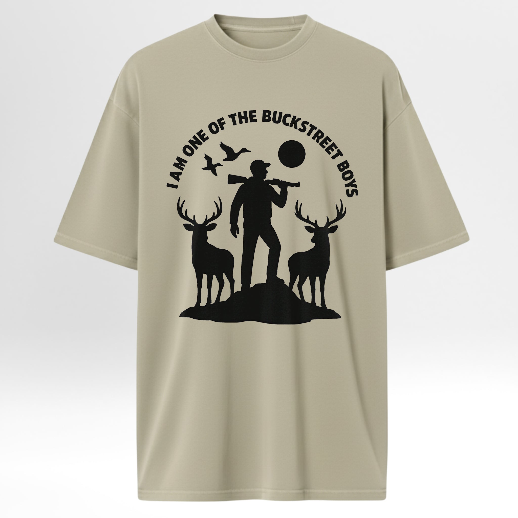 Beige t-shirt with black graphic design featuring a hunter and deer with text 'I Am One Of The Buckstreet Boys'