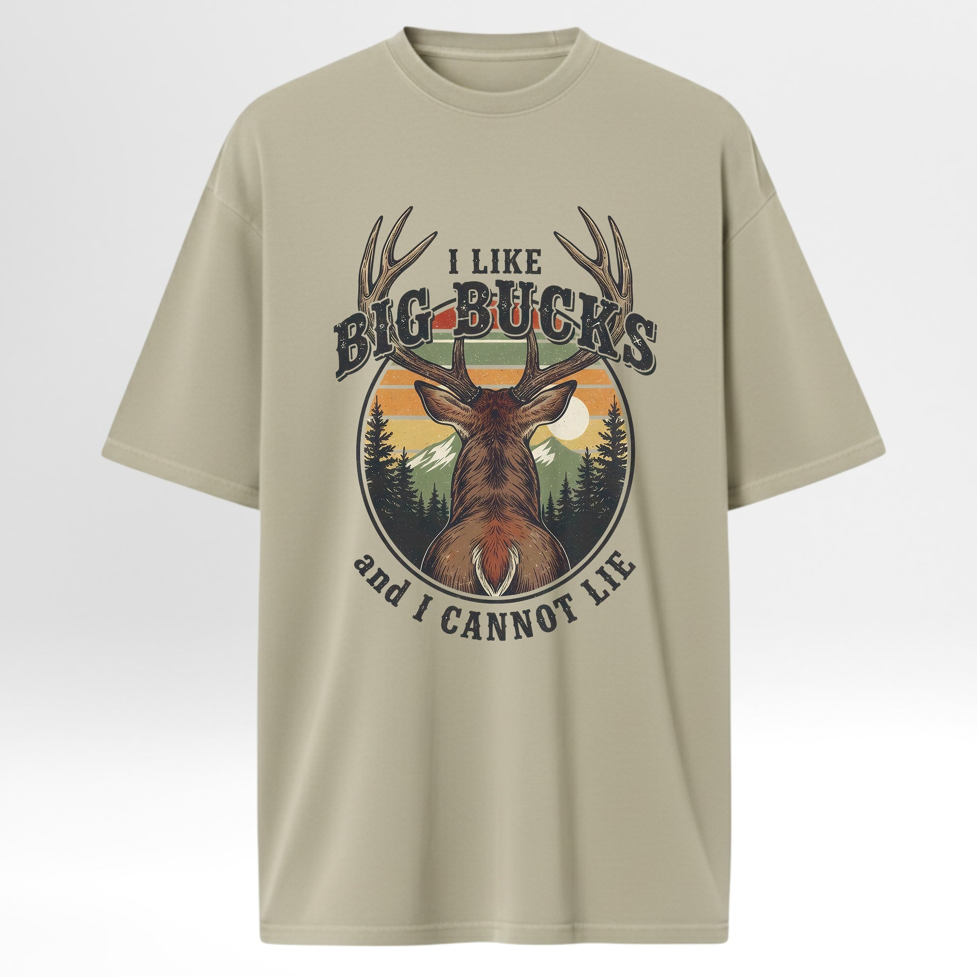 Beige hunting t-shirt with a graphic of a deer and text 'I like big bucks and I cannot lie'