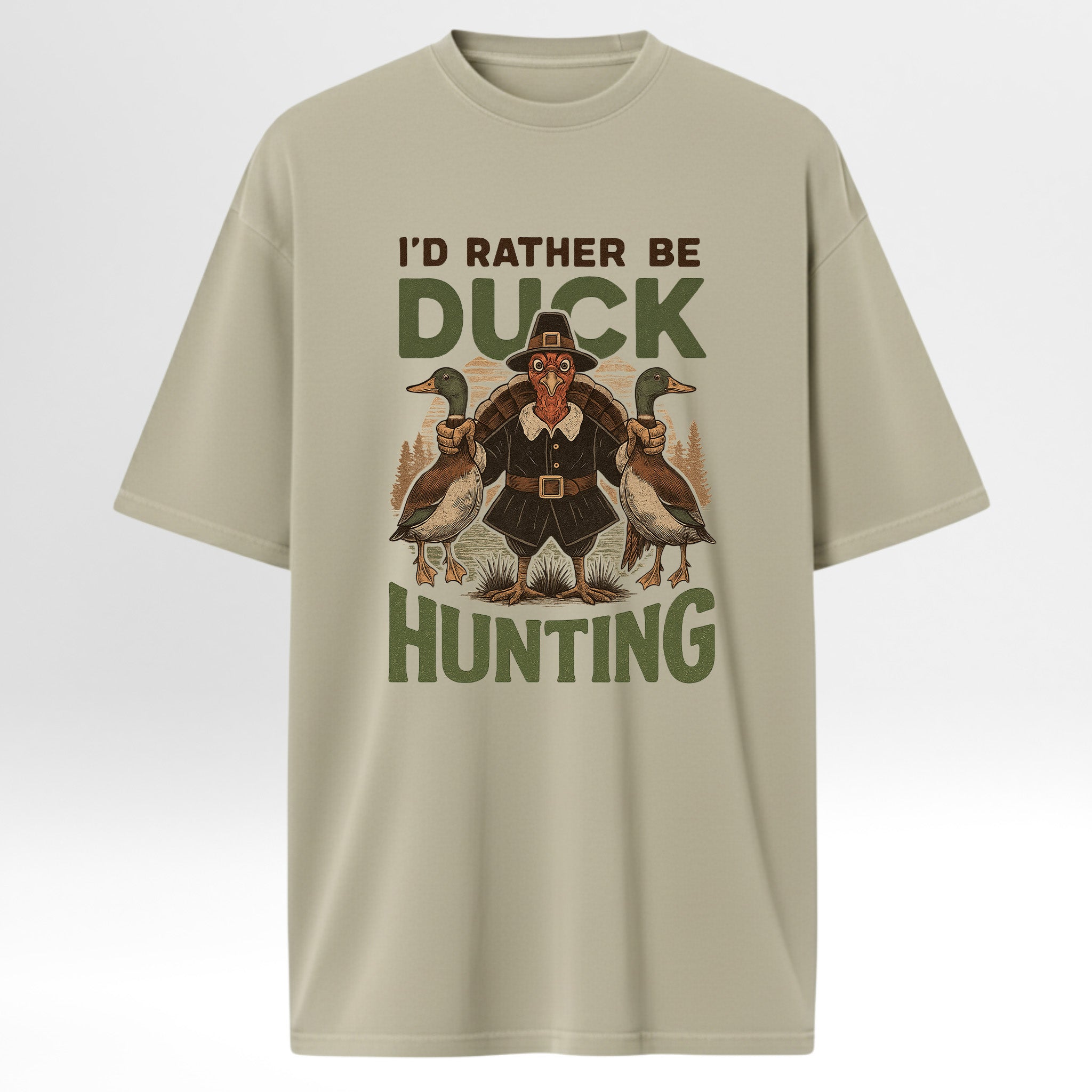 Beige hunting t-shirt with a graphic of  ducks with text 'I'd Rather Be Duck Hunting' 