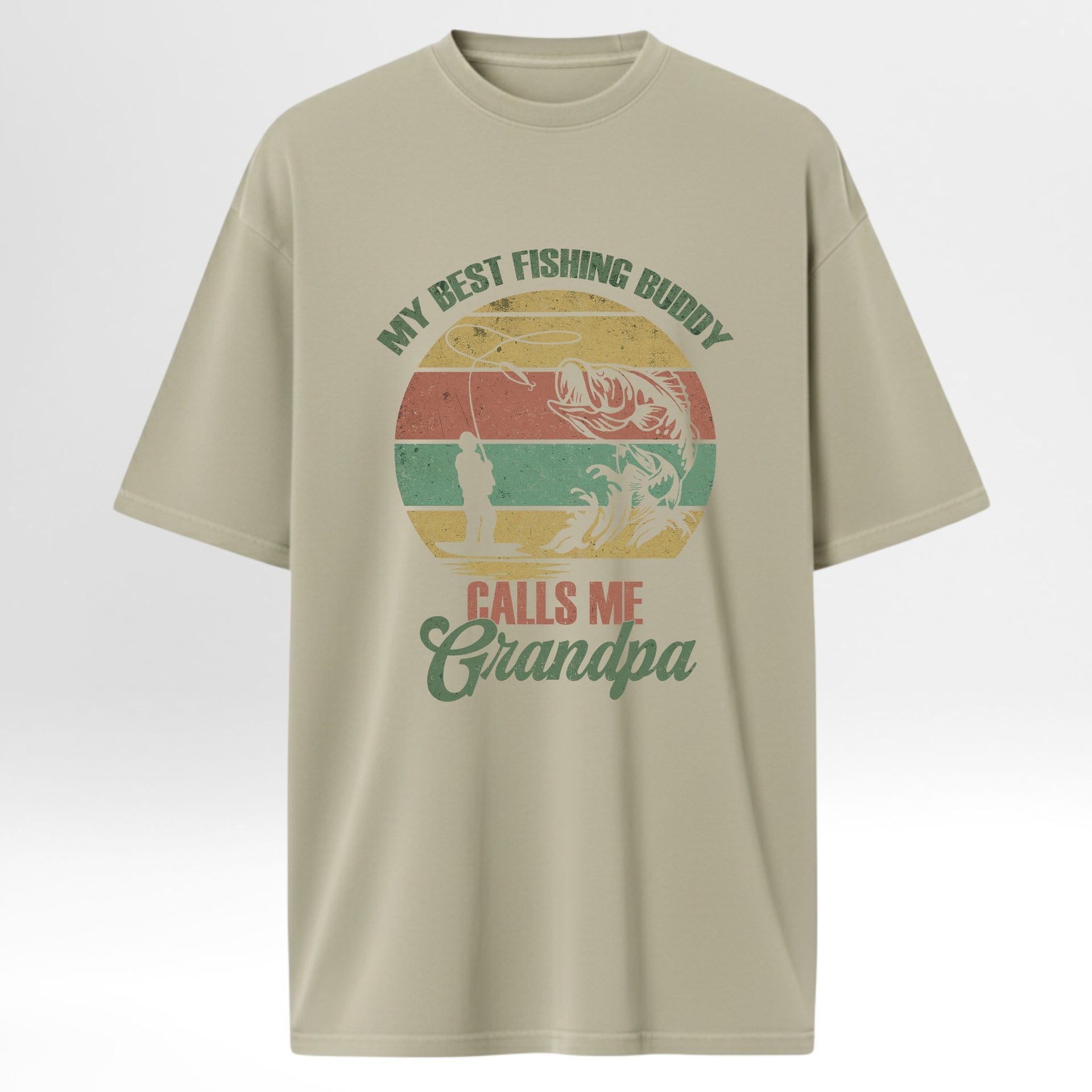 Beige fishing t-shirt with fishing graphic and text 'My Best Fishing Buddy Calls Me Grandpa'