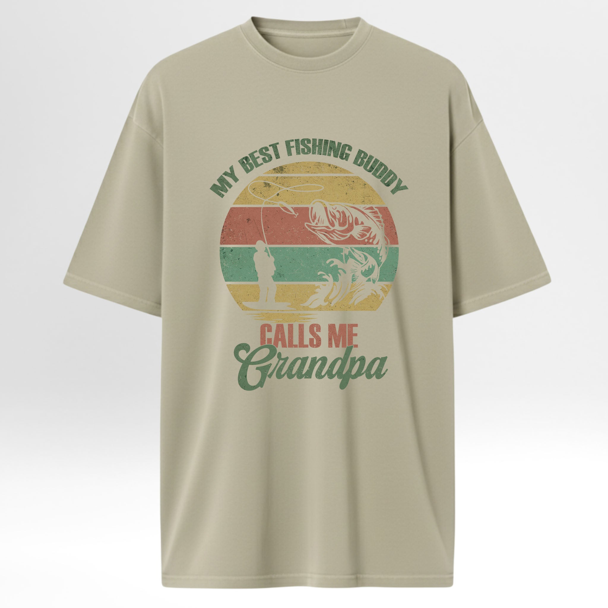 Beige fishing t-shirt with fishing graphic and text 'My Best Fishing Buddy Calls Me Grandpa'