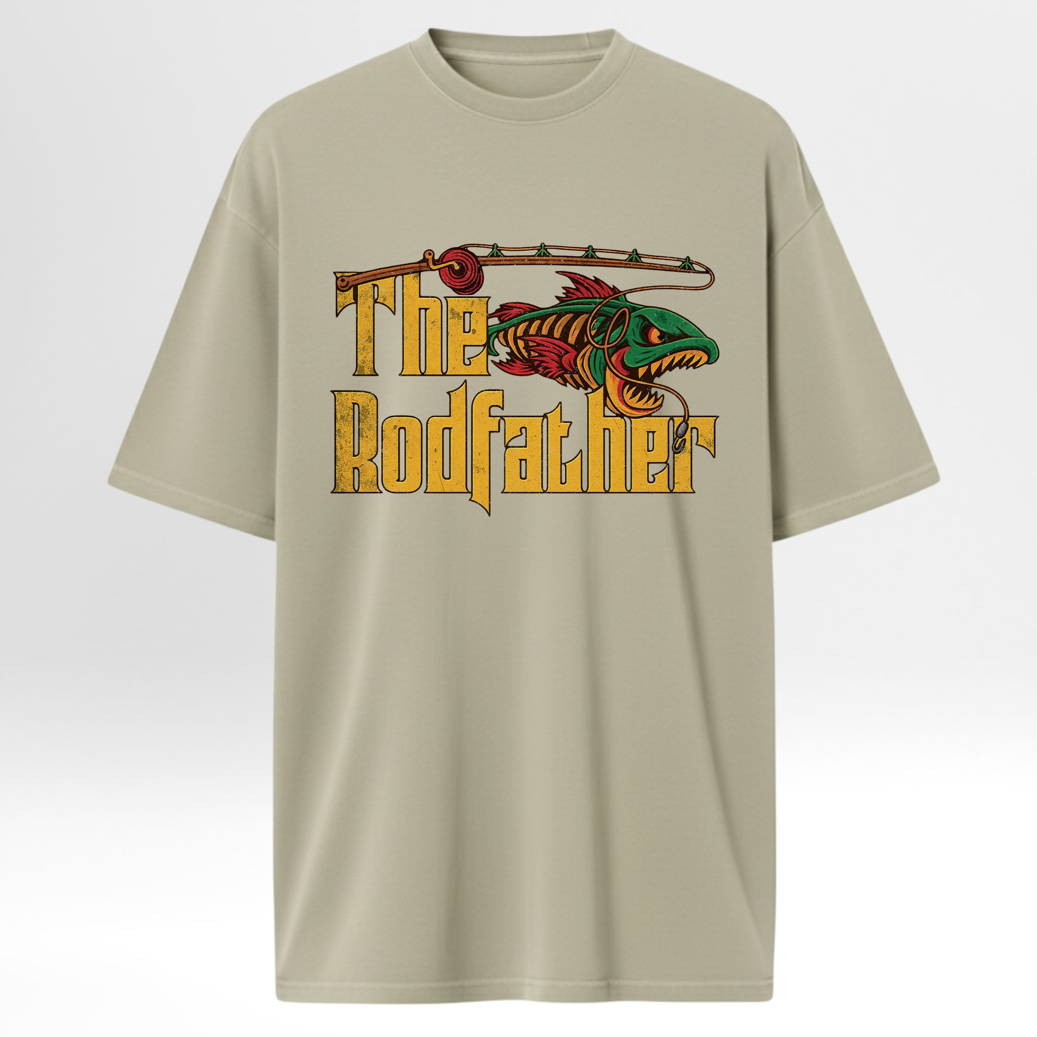 Beige fishing t-shirt with 'The Rodfather' text