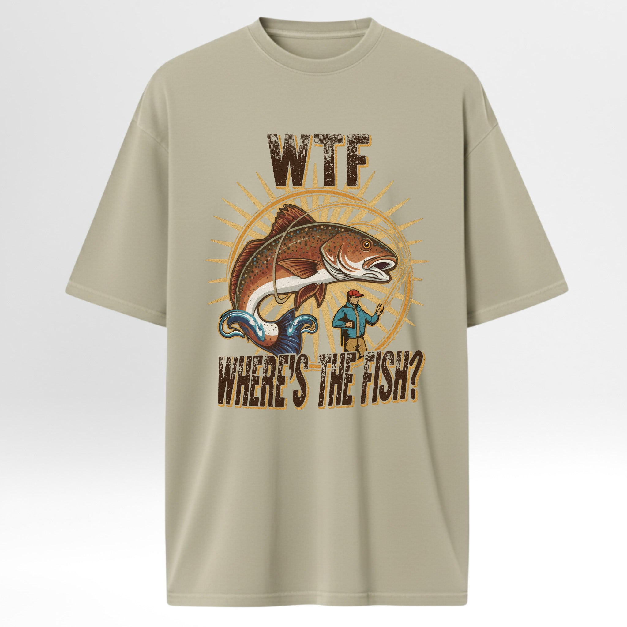 Beige fishing t-shirt with a graphic design of a fish and text 'WTF Where's The Fish'