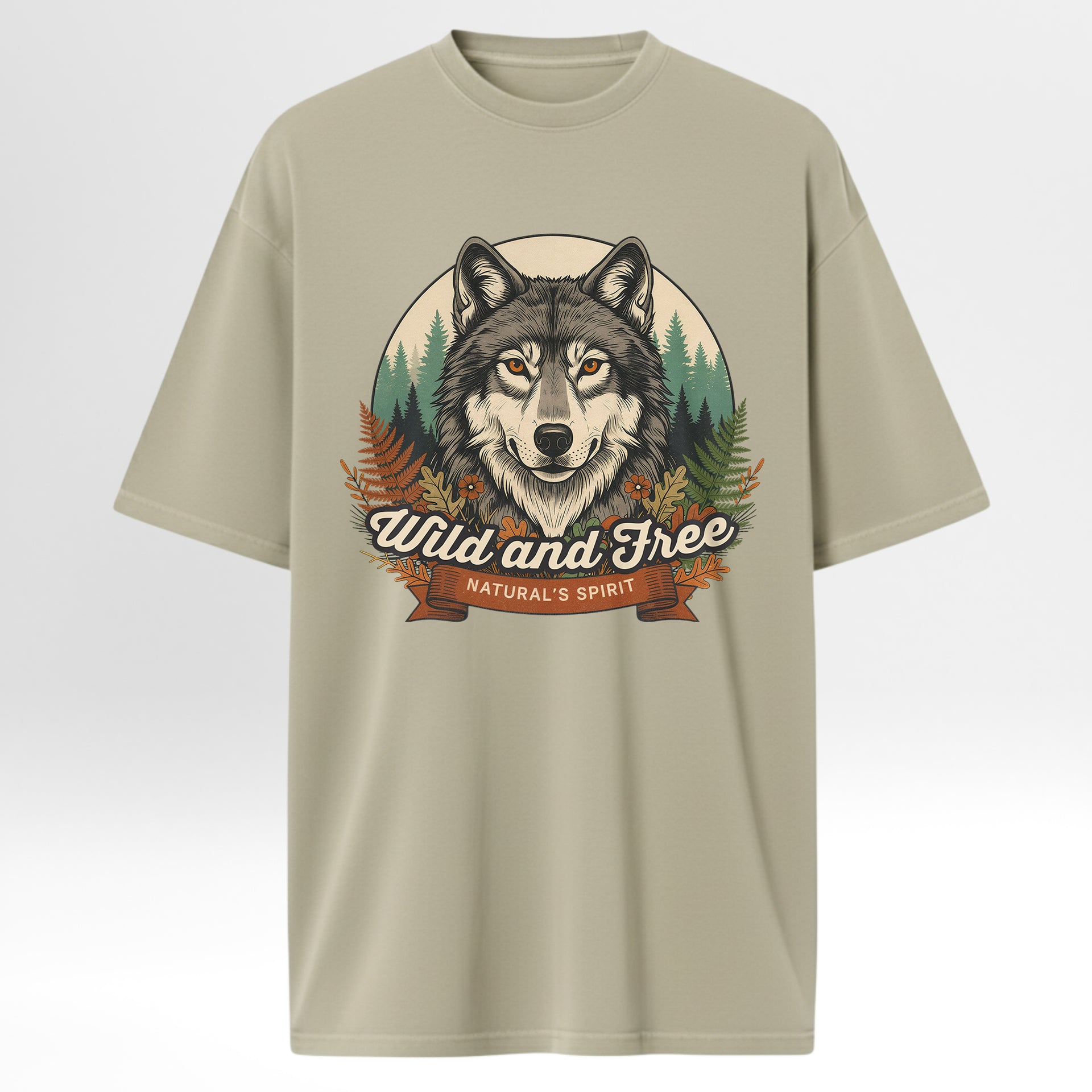 Beige hunting t-shirt with a wolf graphic and 'Wild And Free Natural's Spirit' text 