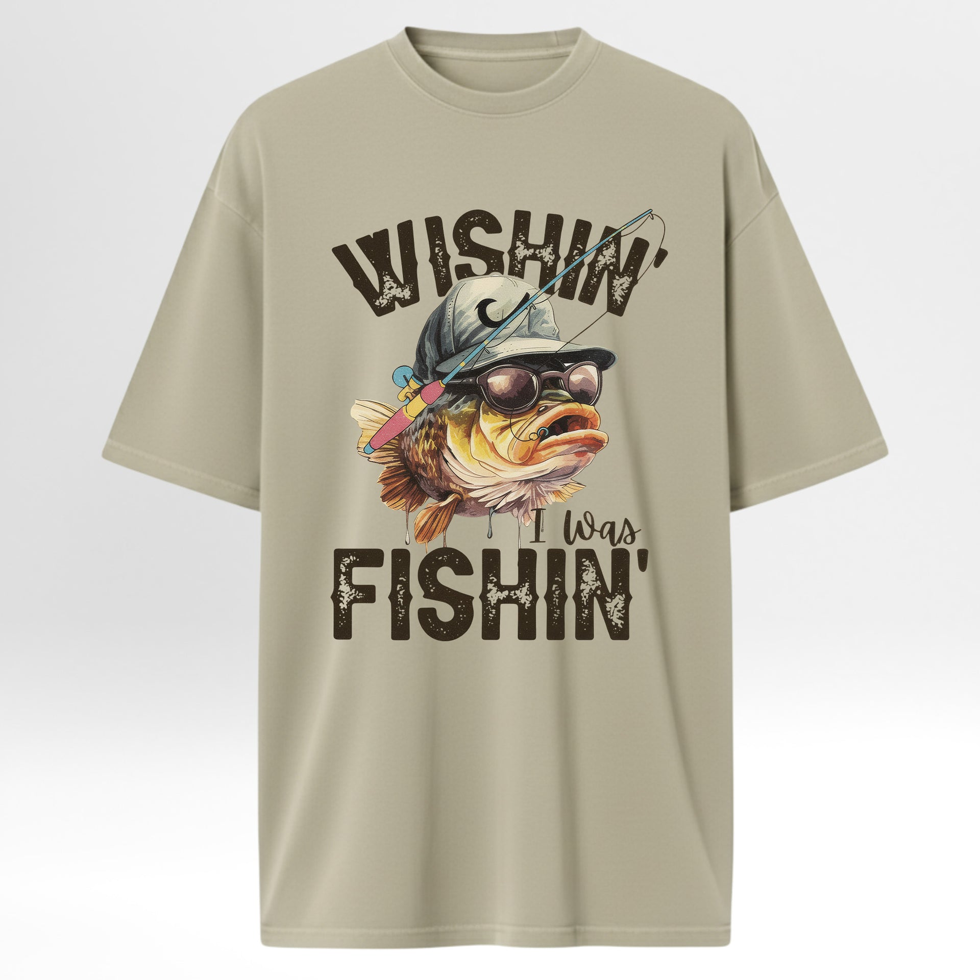 Beige fishing t-shirt with a fish graphic and text 'Wishin' I Was Fishin'