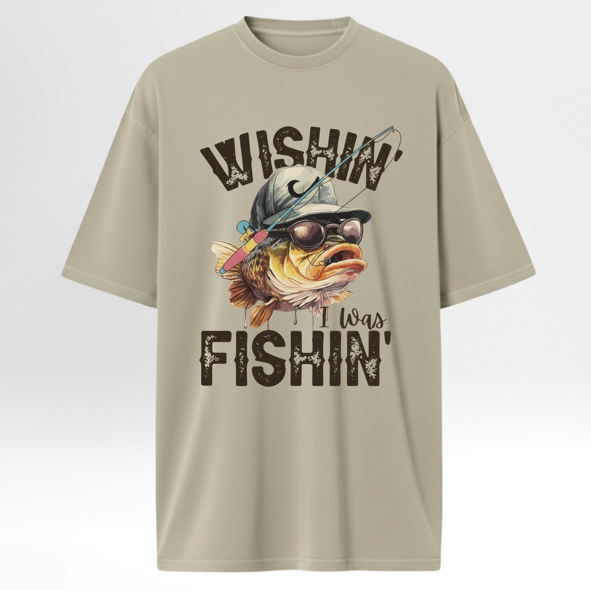 Beige fishing t-shirt with a fish graphic and text 'Wishin' I Was Fishin'