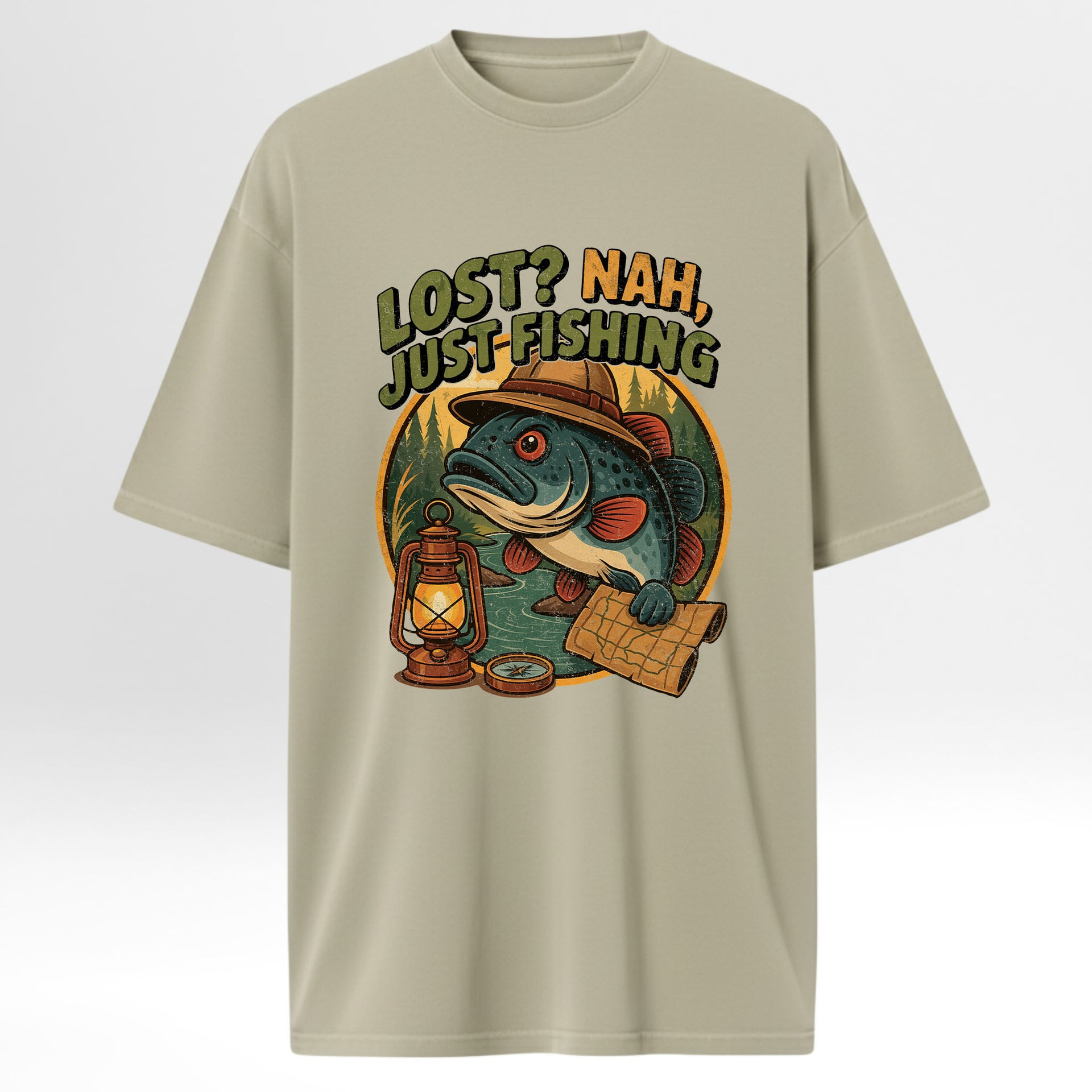 Beige fishing t-shirt with a fishing-themed graphic and text 'Lost? Nah, Just Fishing'