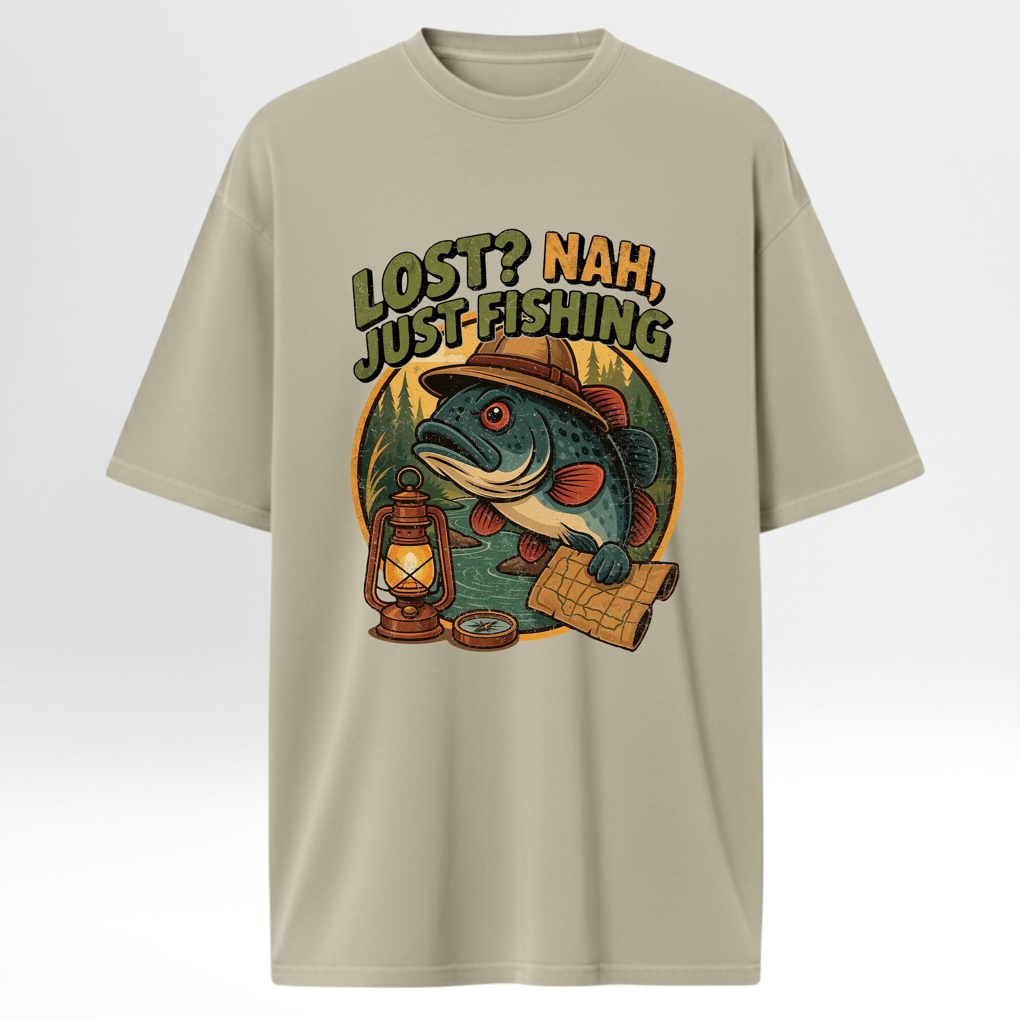 Beige fishing t-shirt with a fishing-themed graphic and text 'Lost? Nah, Just Fishing'