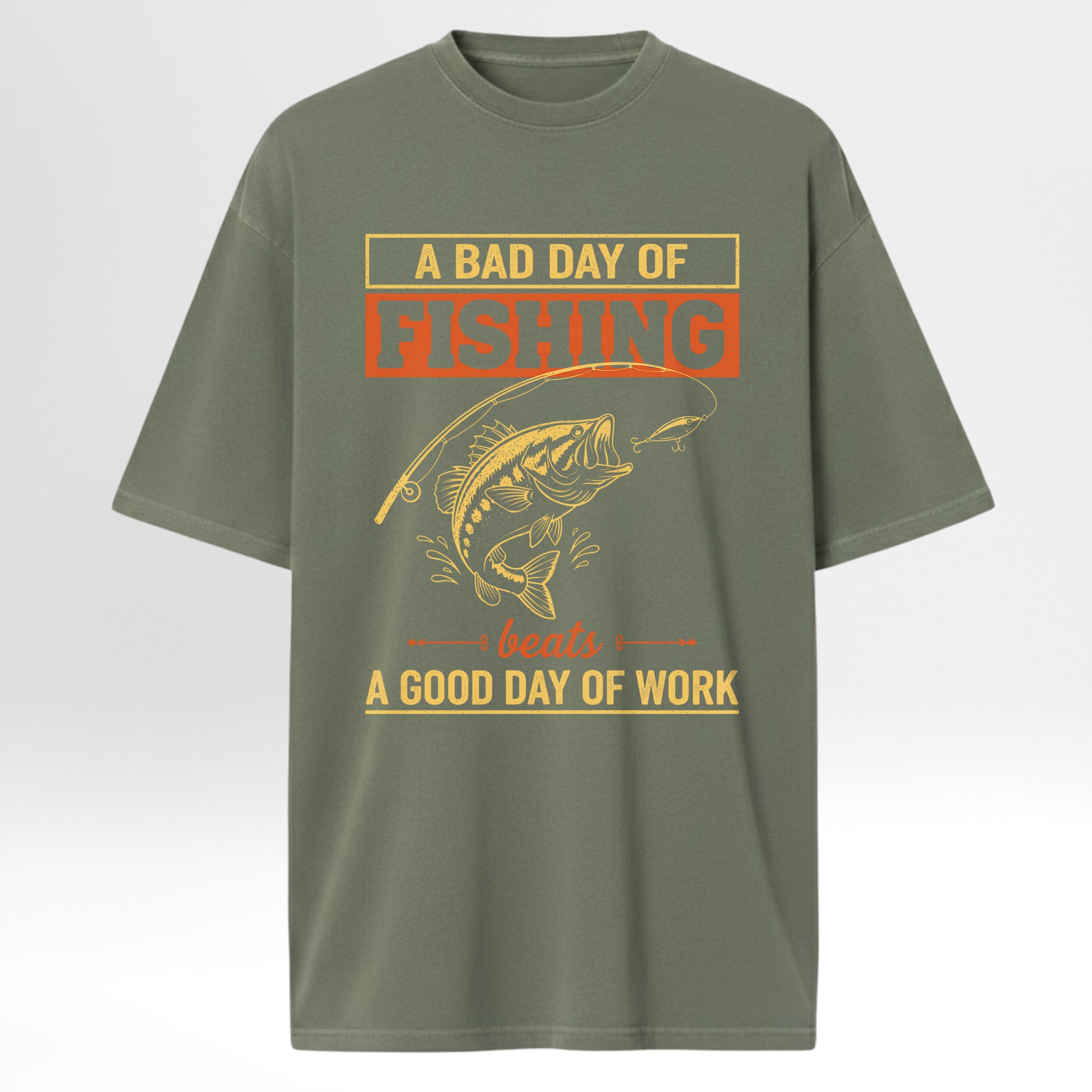 Green fishing t-shirt with fishing graphic and text 'A Bad Day Of Fishing Beats A Good Day Of Work'.