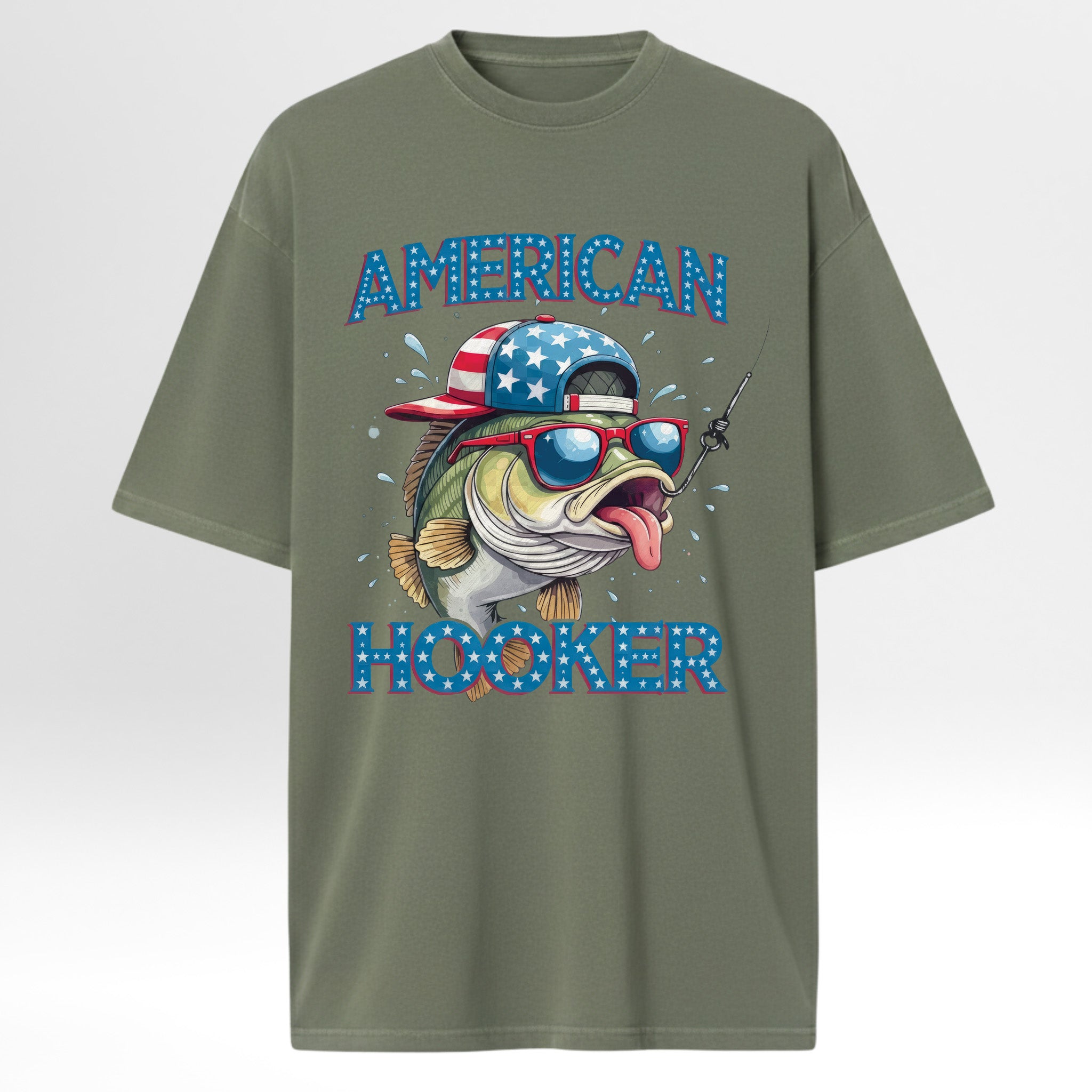 Green fishing graphic t-shirt with a fish wearing an American flag cap and sunglasses graphic and 'American Hooker' text.