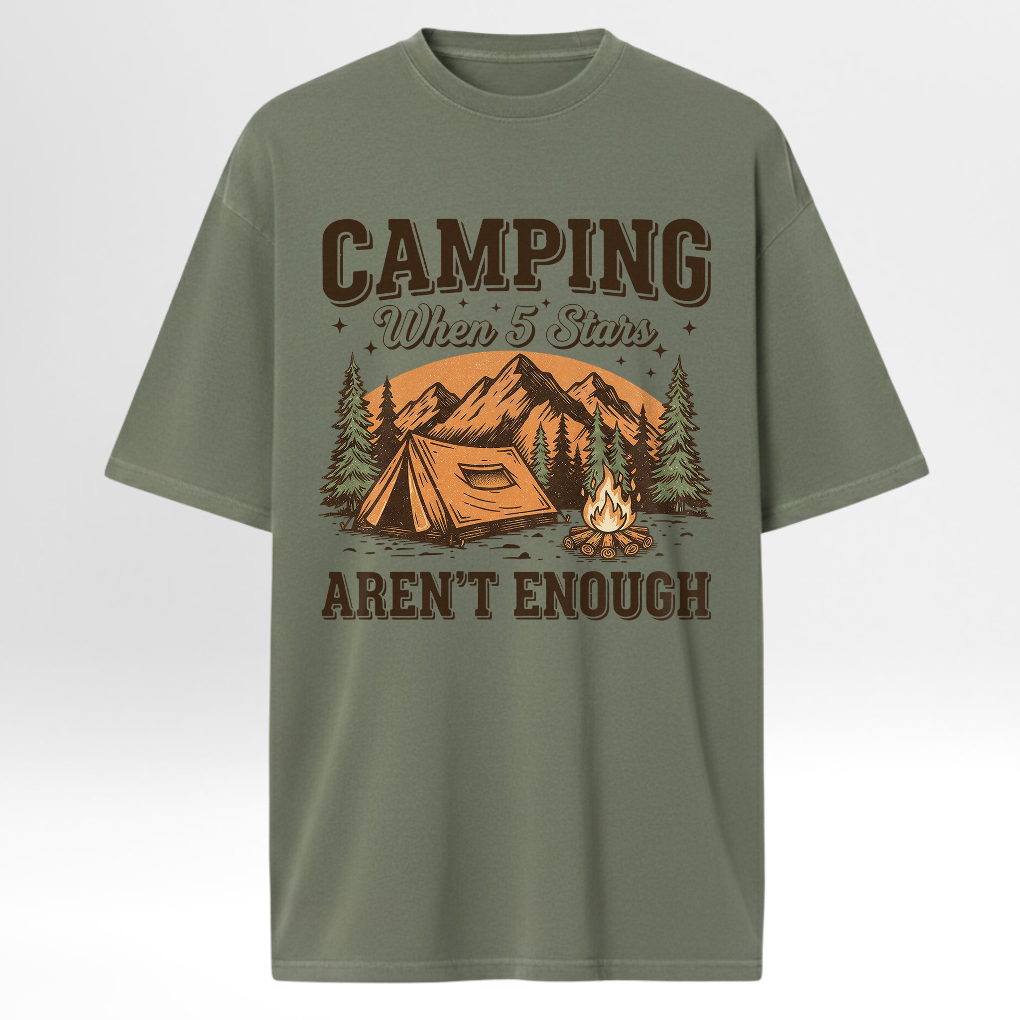 Green camp & trail t-shirt with camping graphic and text 'Camping When 5 Stars Aren't Enough'.