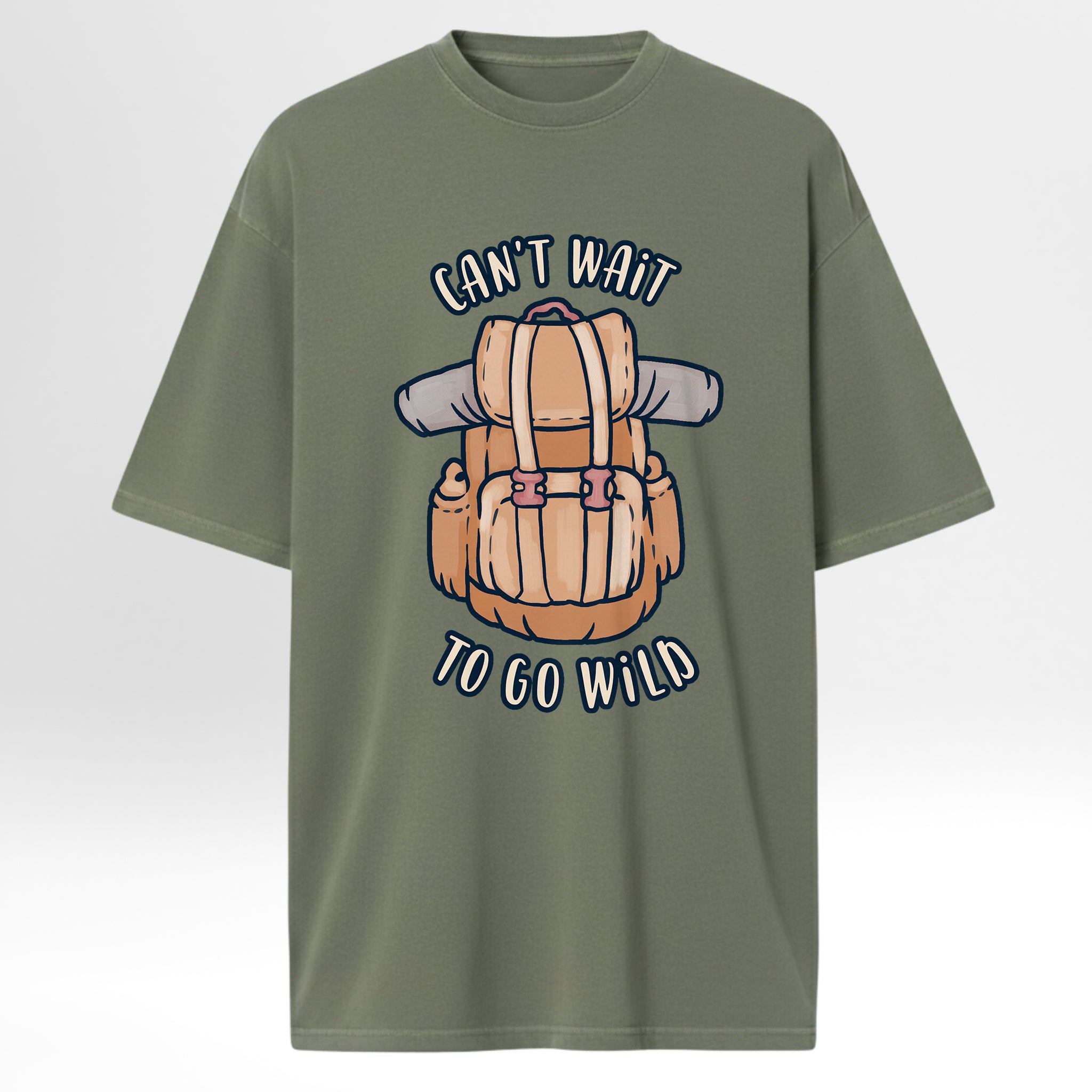 Green Camp & Trail t-shirt with a backpack graphic and text 'Can't Wait To Go Wild'.