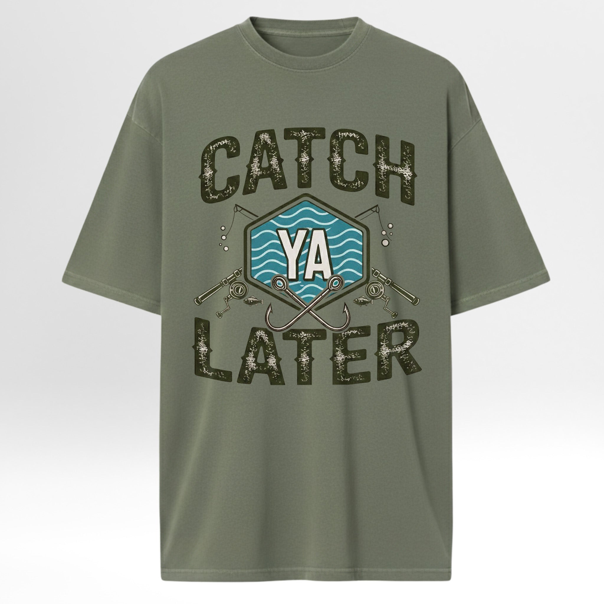 Green fishing t-shirt with 'Catch Ya Later' graphic design.