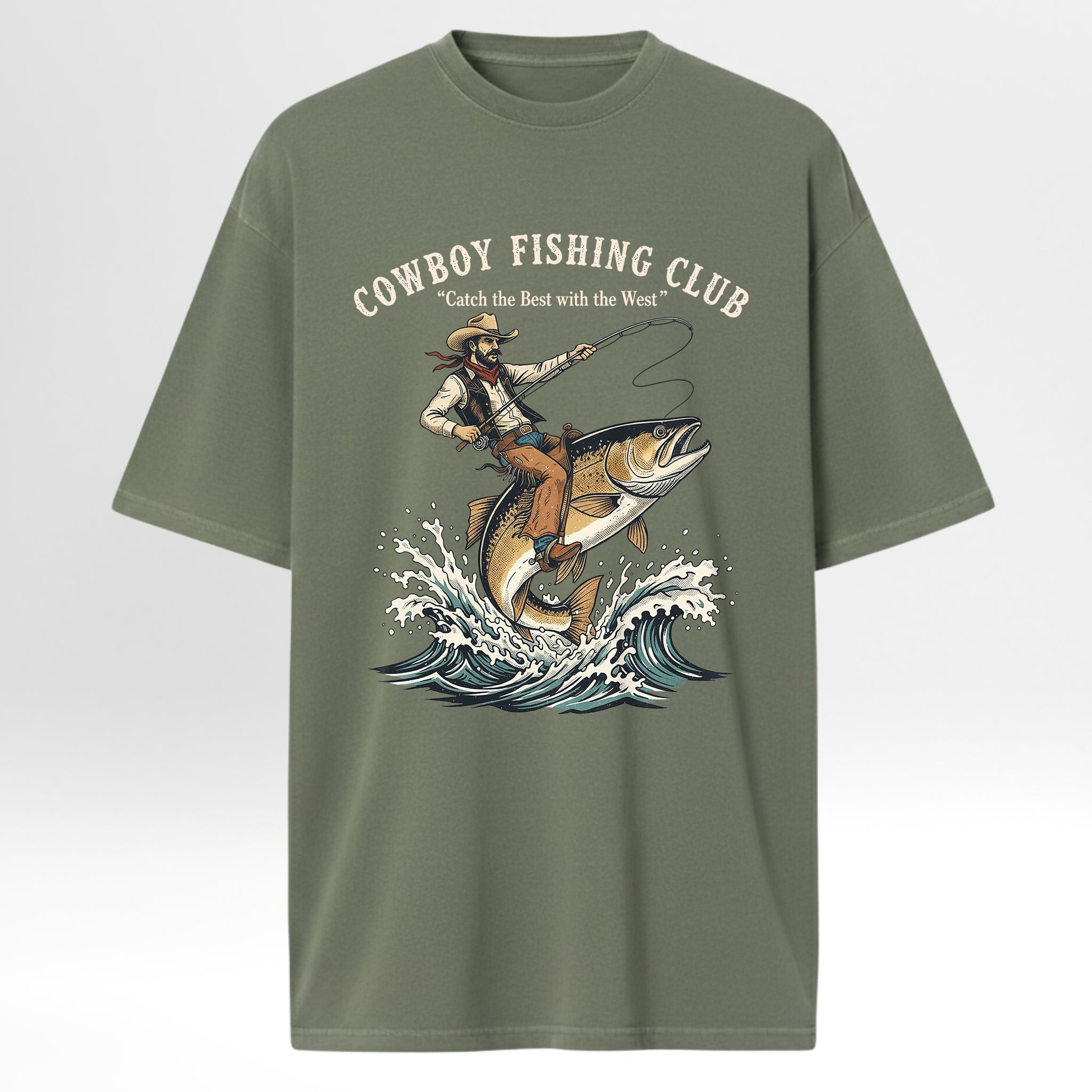 Green fishing t-shirt with a graphic of a cowboy fishing and 'Cowboy Fishing Club' text.