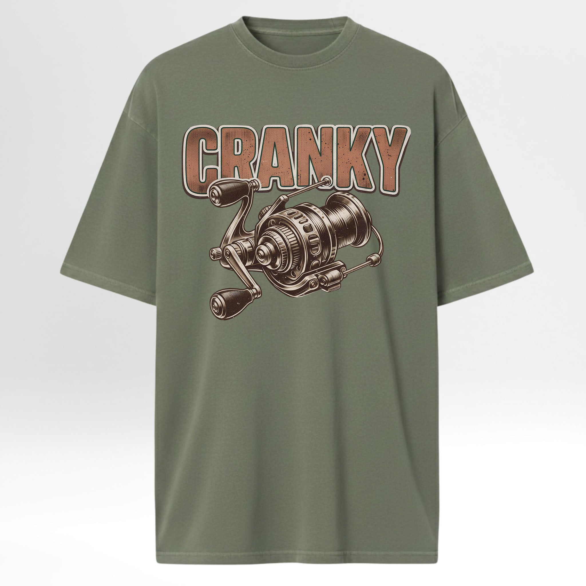 Green fishing t-shirt with a fishing reel graphic and 'CRANKY' text.