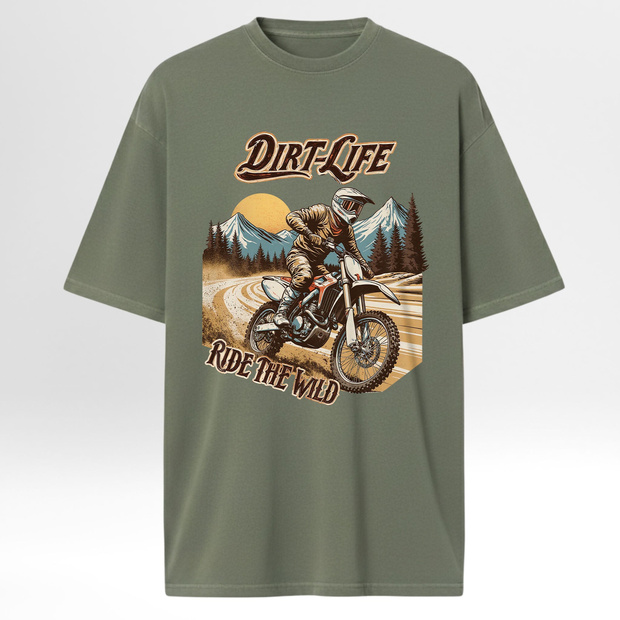 Green camp & trail t-shirt with a graphic of a person on a dirt bike and mountain landscape, featuring the text 'Dirt Life Ride the Wild'.
