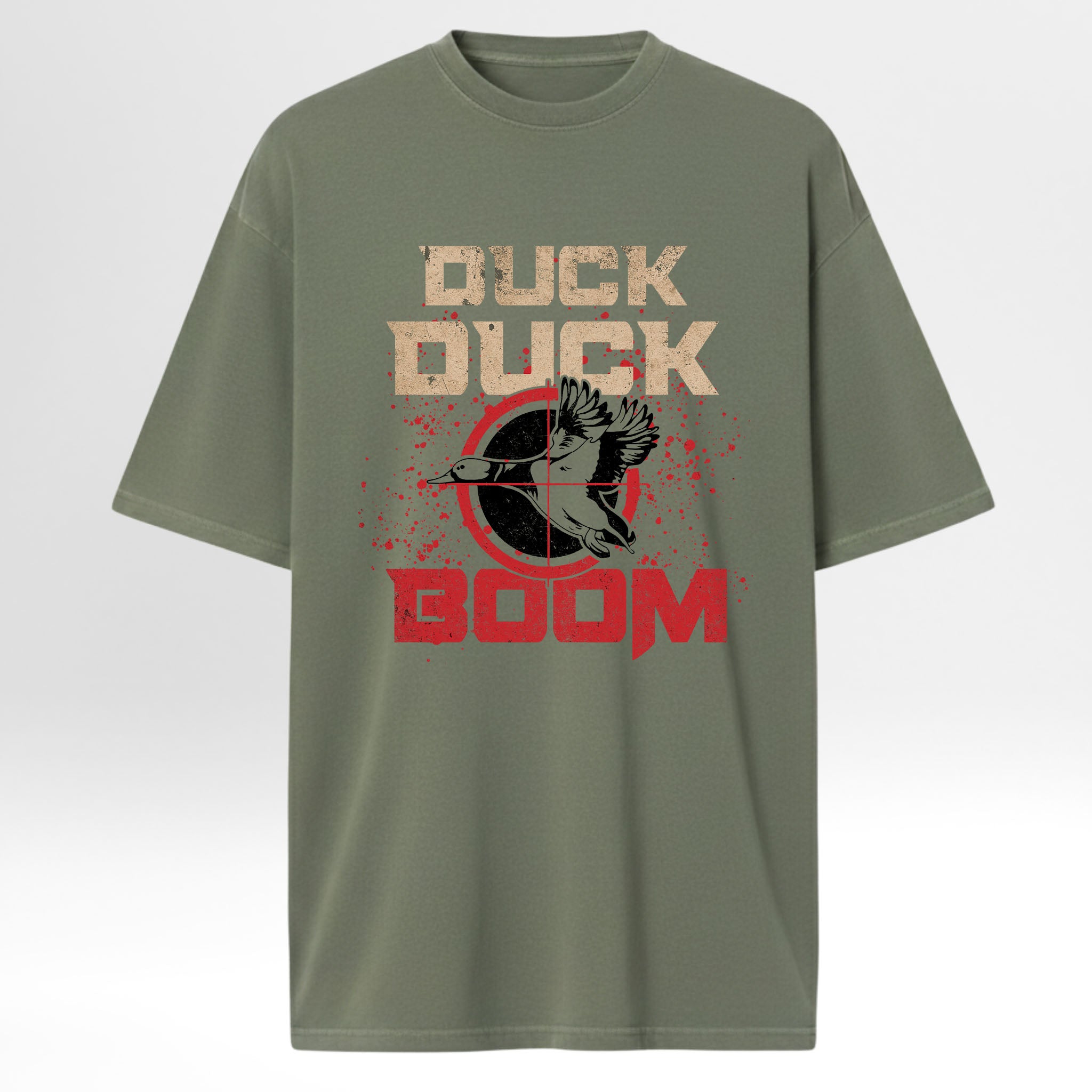 Green hunting t-shirt with 'Duck Duck Boom' graphic design.