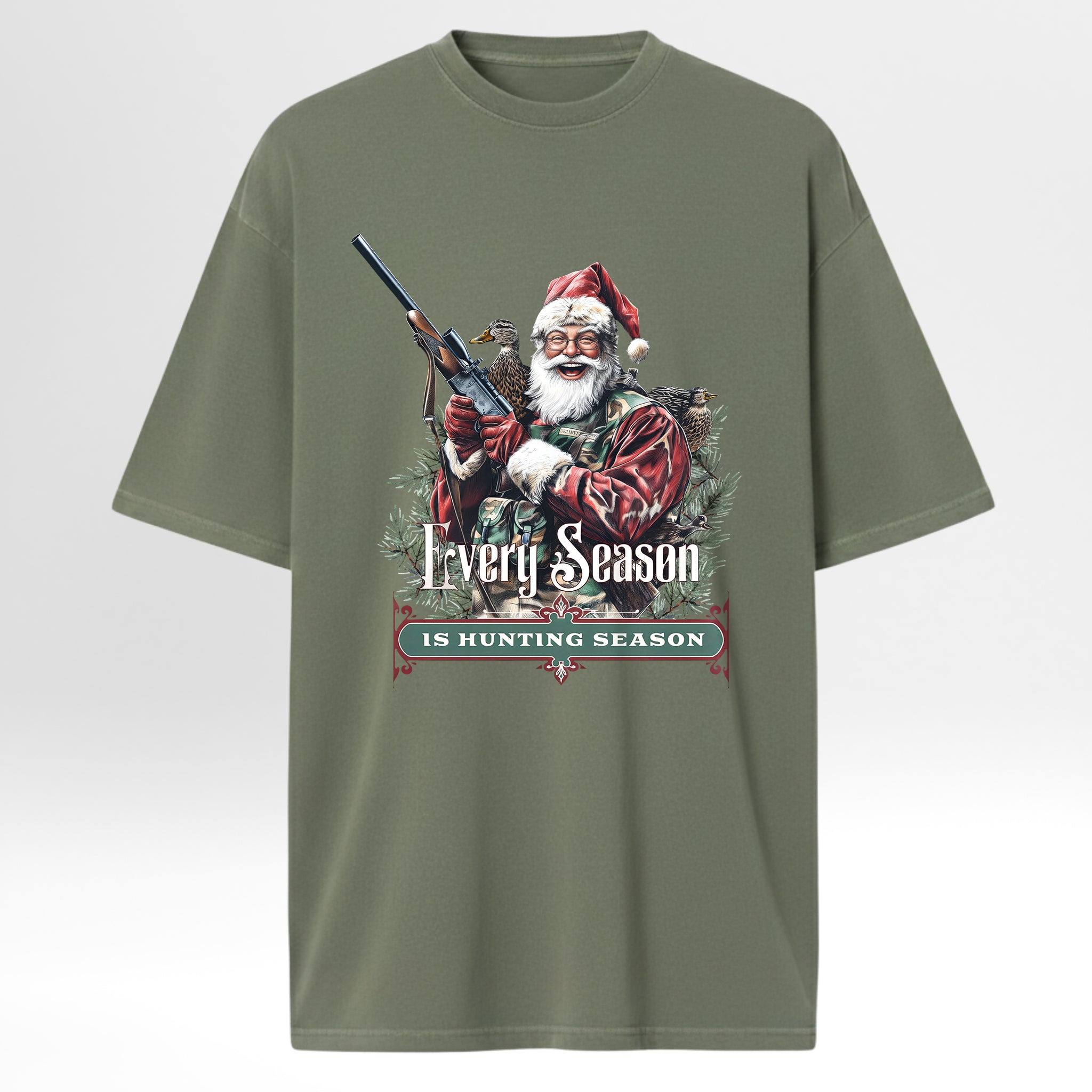Green hunting t-shirt with a graphic of Santa Claus holding a rifle and text 'Every Season is Hunting Season'.