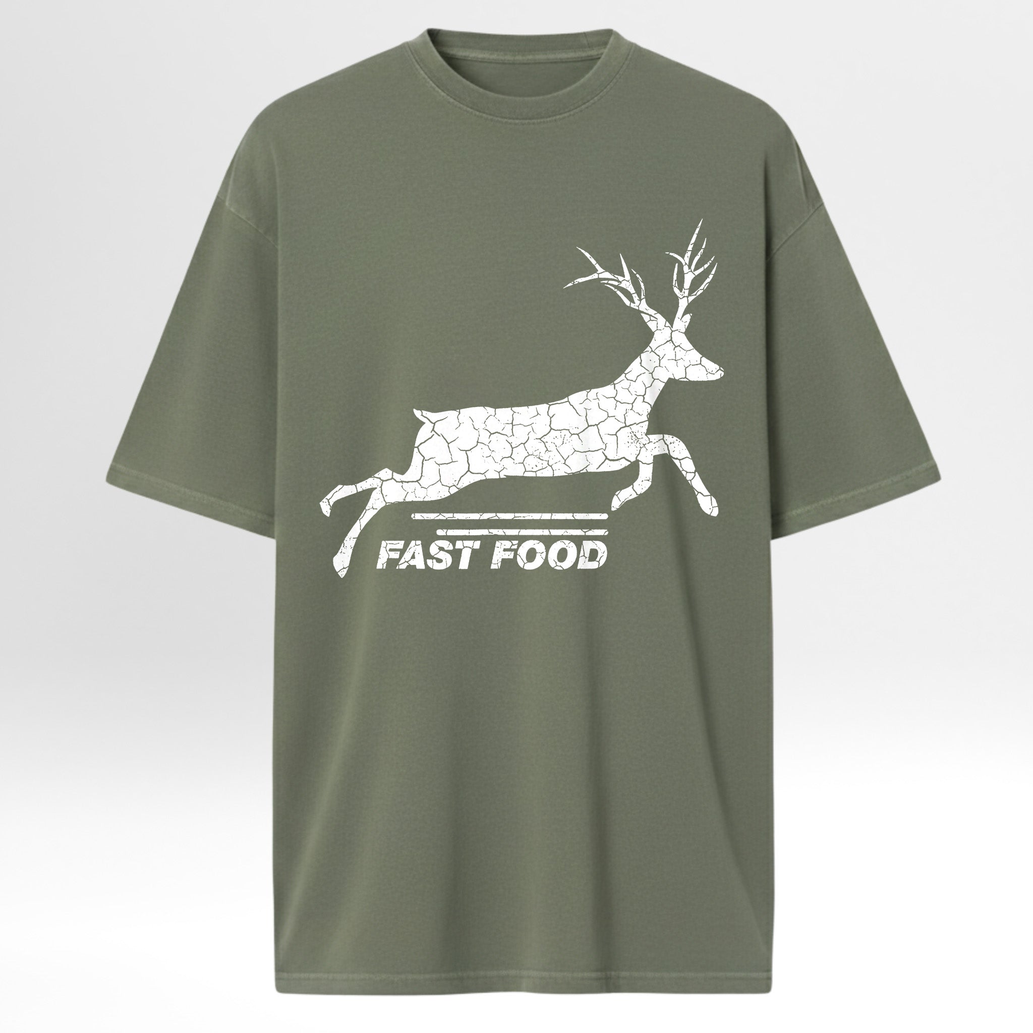 Green hunting t-shirt with a white deer graphic and 'FAST FOOD' text.