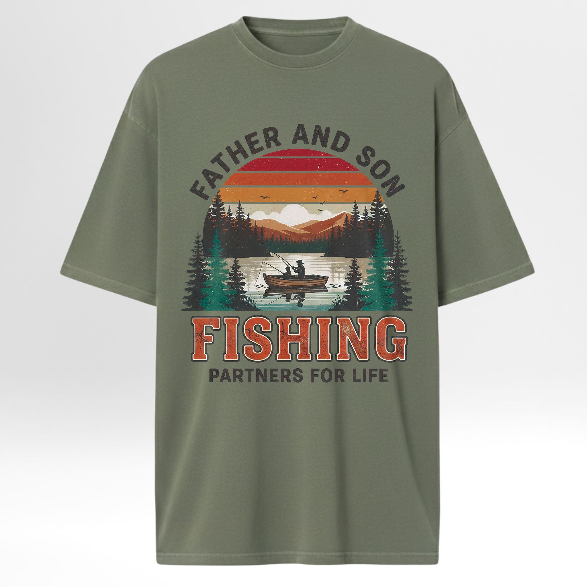 Green fishing t-shirt with fishing graphic and text 'Father And Son Fishing Partners For Life'.