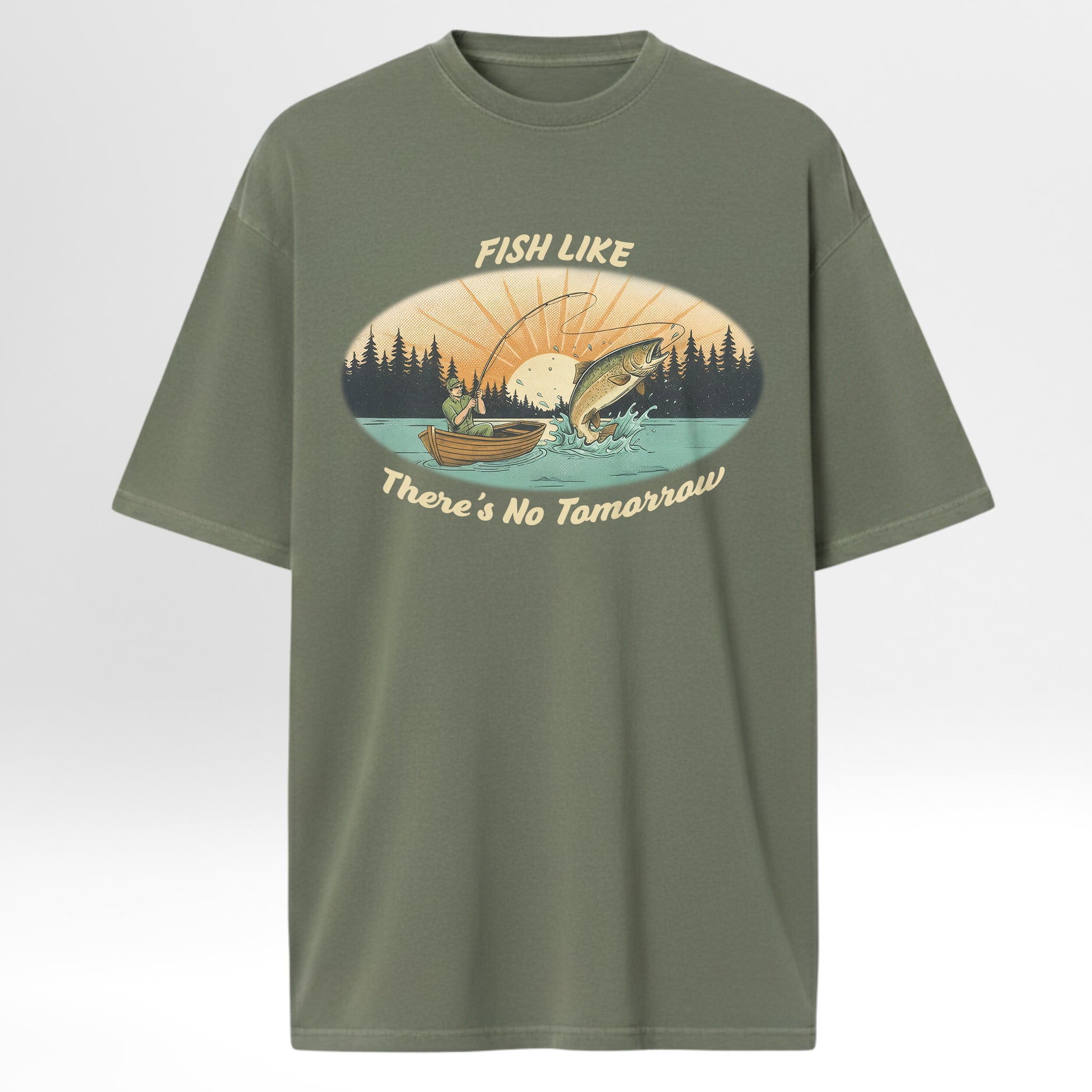 Green fishing t-shirt with fishing graphic and text 'Fish Like There's No Tomorrow'.