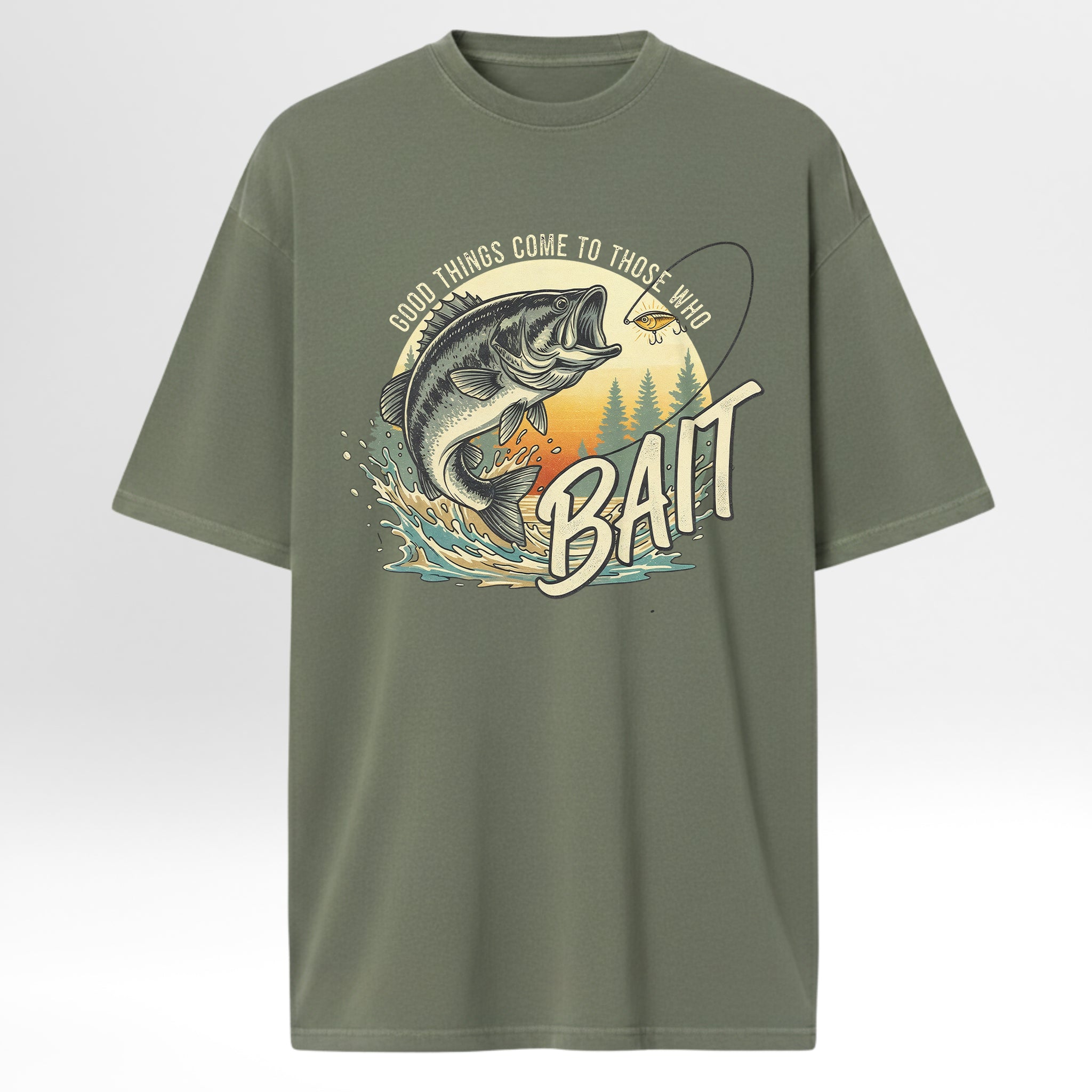 Green fishing t-shirt with fishing graphic and text 'Good Things Come To Those Who Bait'.