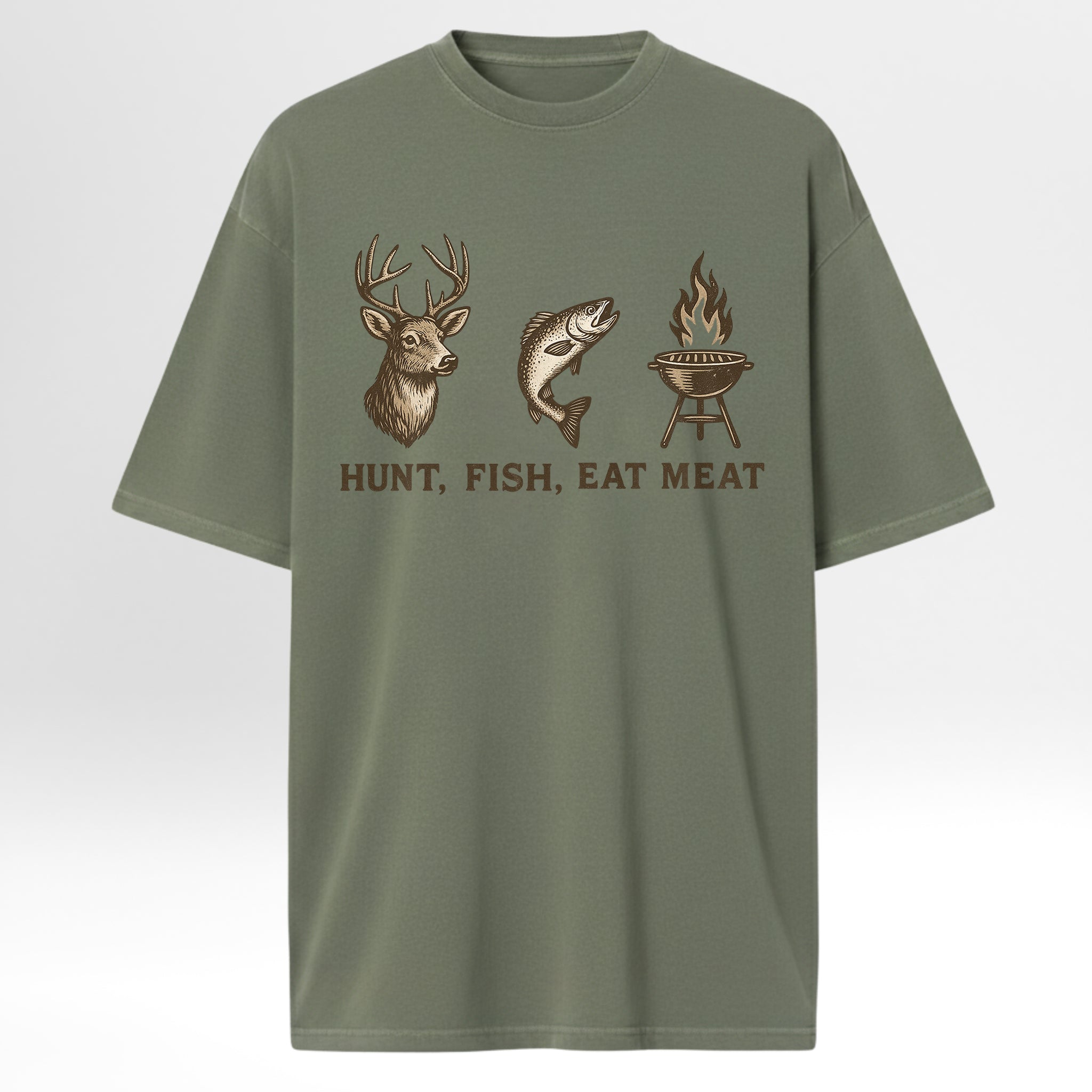 Green hunting & fishing t-shirt with hunting and fishing graphics and text.