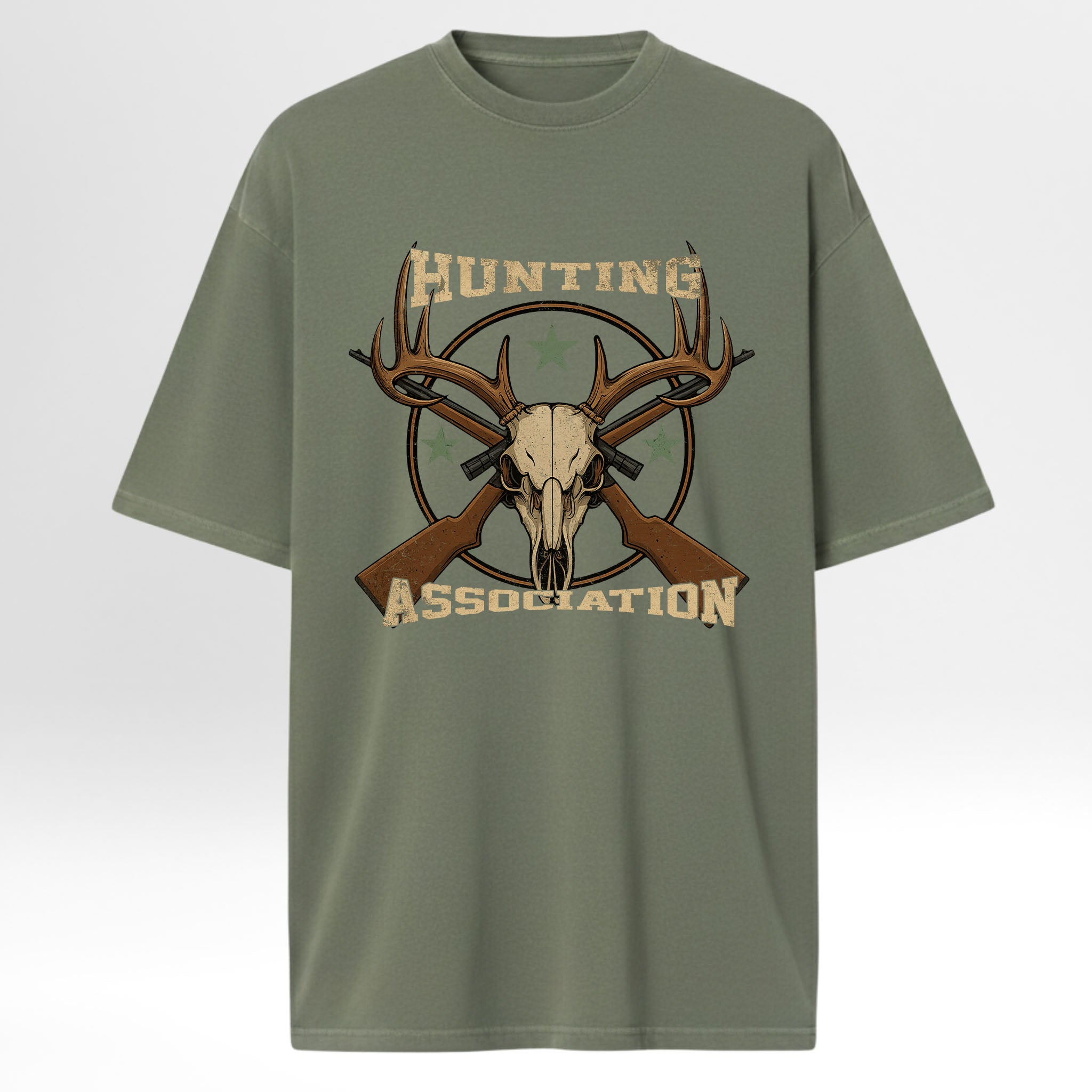 Green hunting t-shirt with hunting graphic and text 'Hunting Association'.
