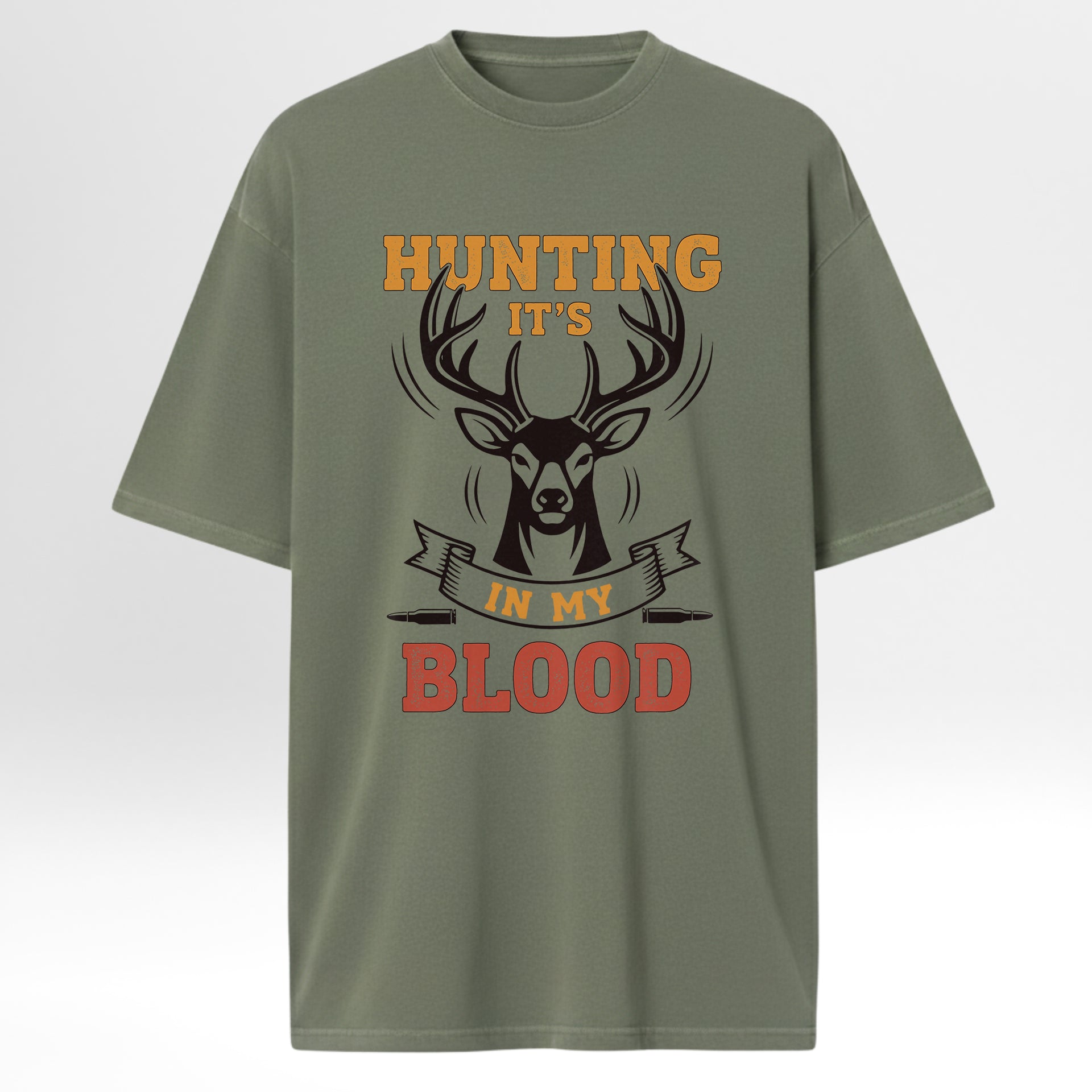 Green hunting t-shirt with hunting graphic and text 'Hunting It's In My Blood'.