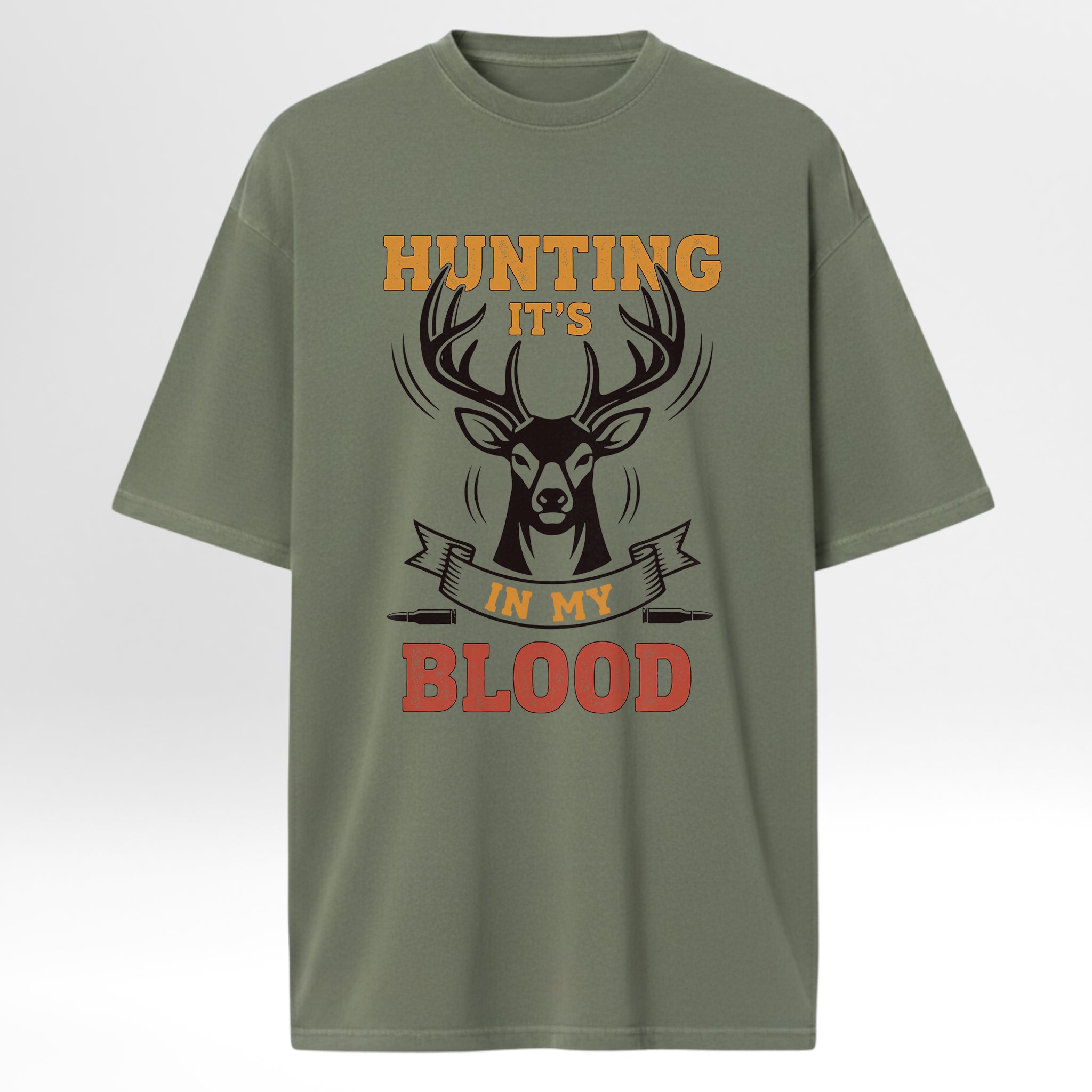 Green hunting t-shirt with hunting graphic and text 'Hunting It's In My Blood'.