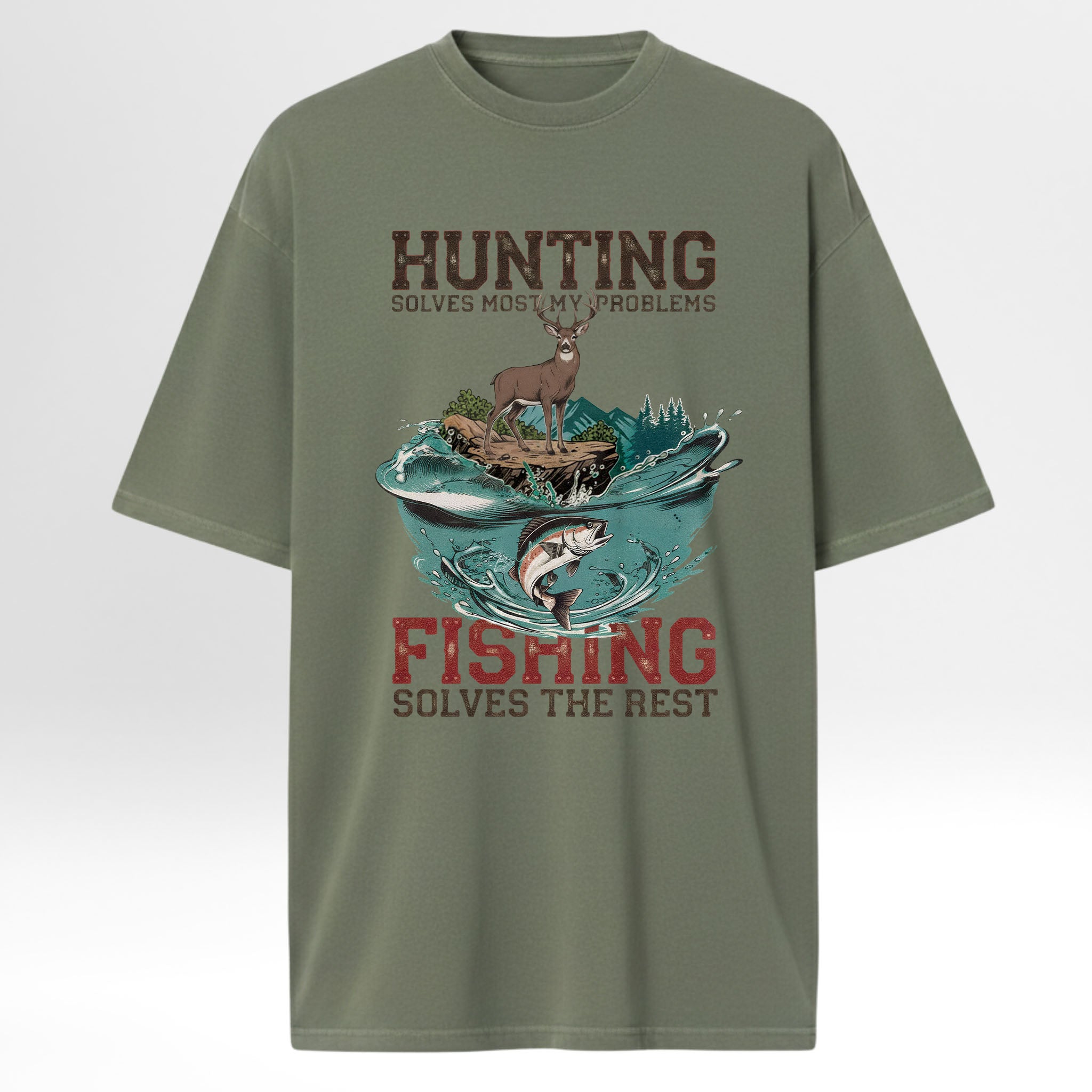 Green hunting and fishing t-shirt with hunting and fishing graphic and text.