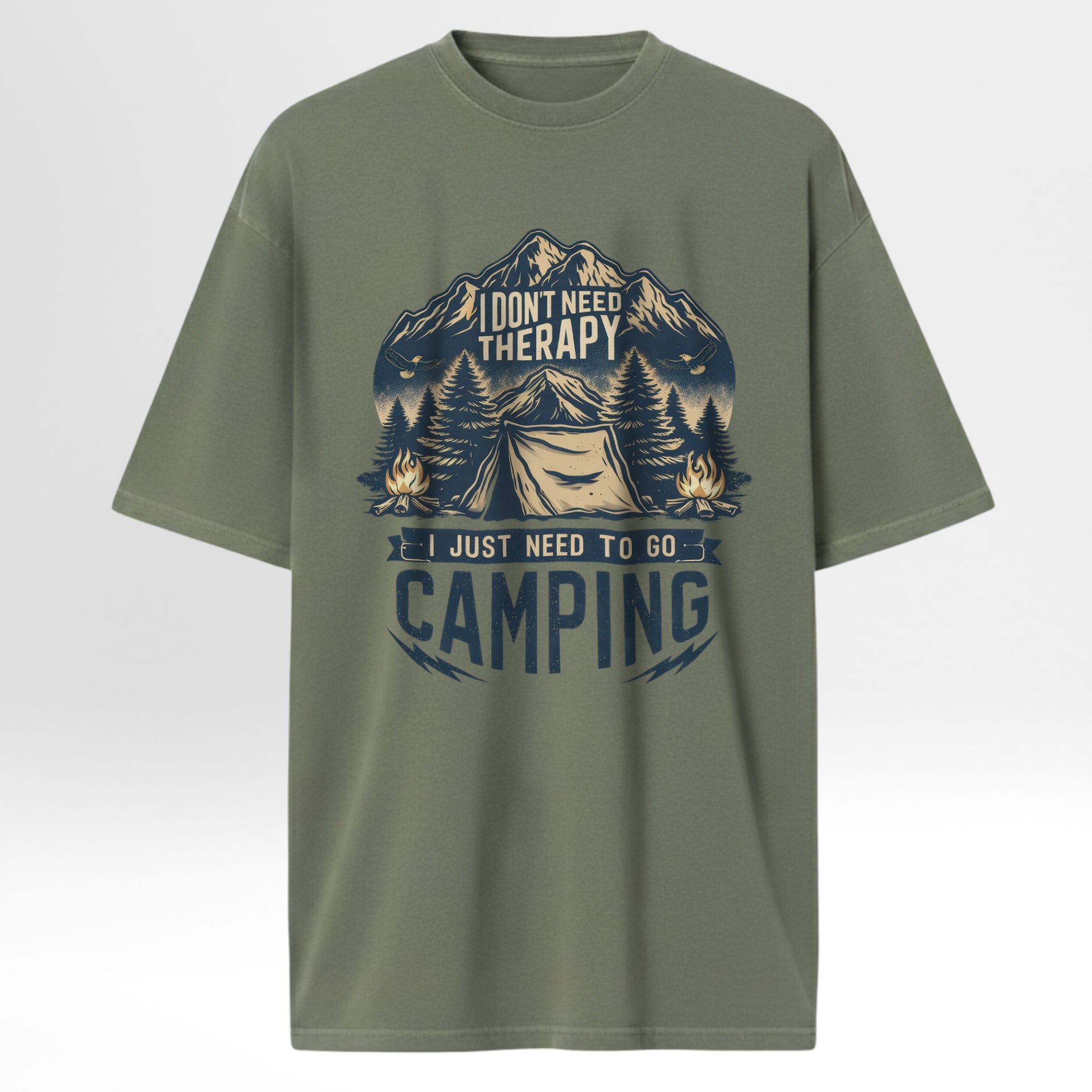 Green camping t-shirt with camping graphic and text 'I Don't Need Therapy I Just Need To Go Camping'.