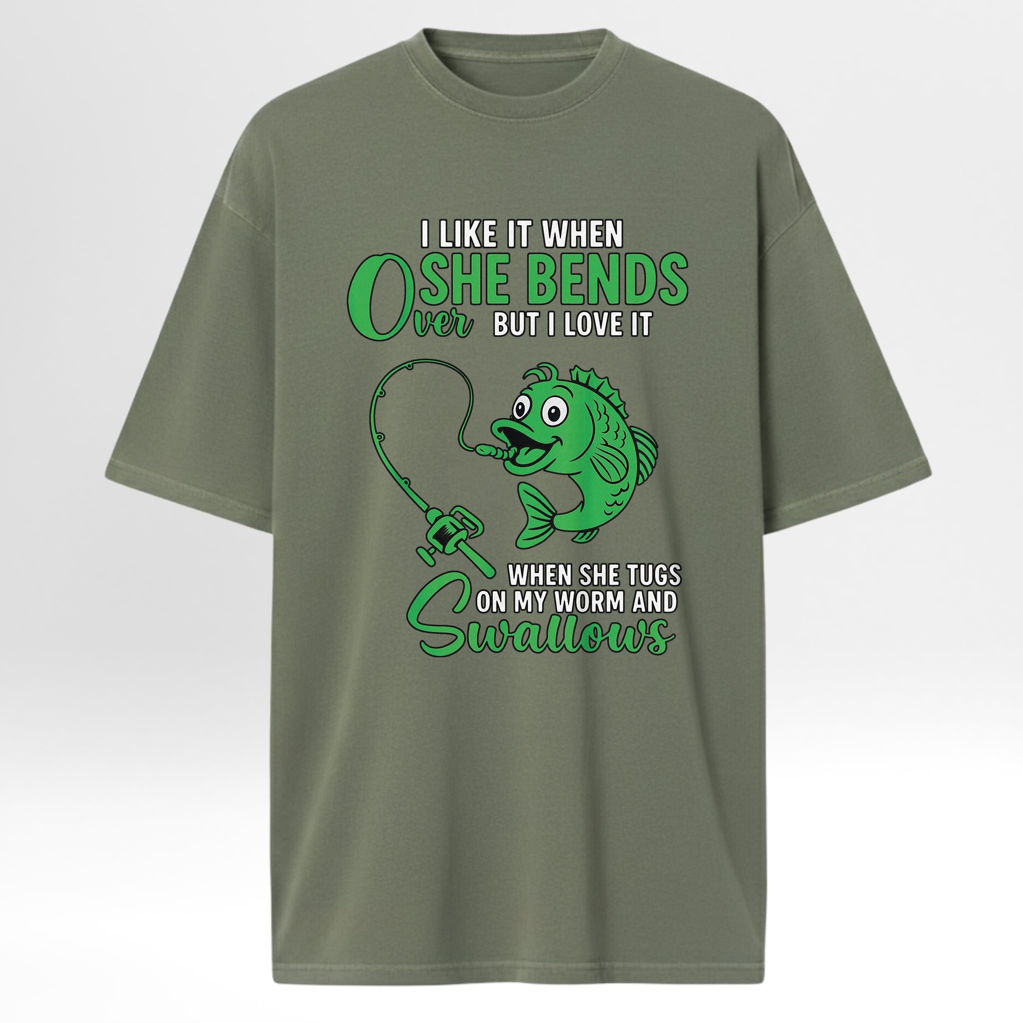 Green fishing t-shirt with fishing graphic and humorous text.