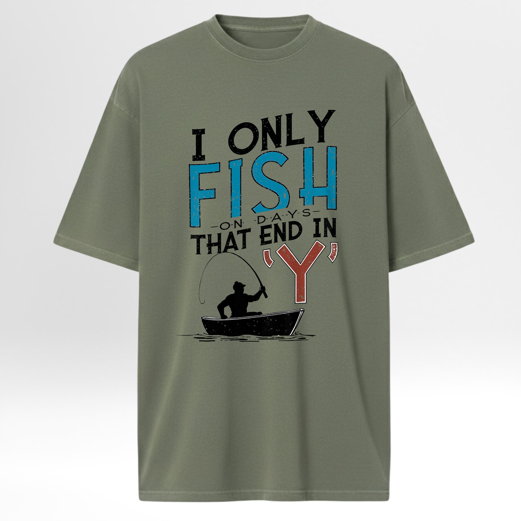 Green fishing t-shirt with fishing-themed text and graphic.