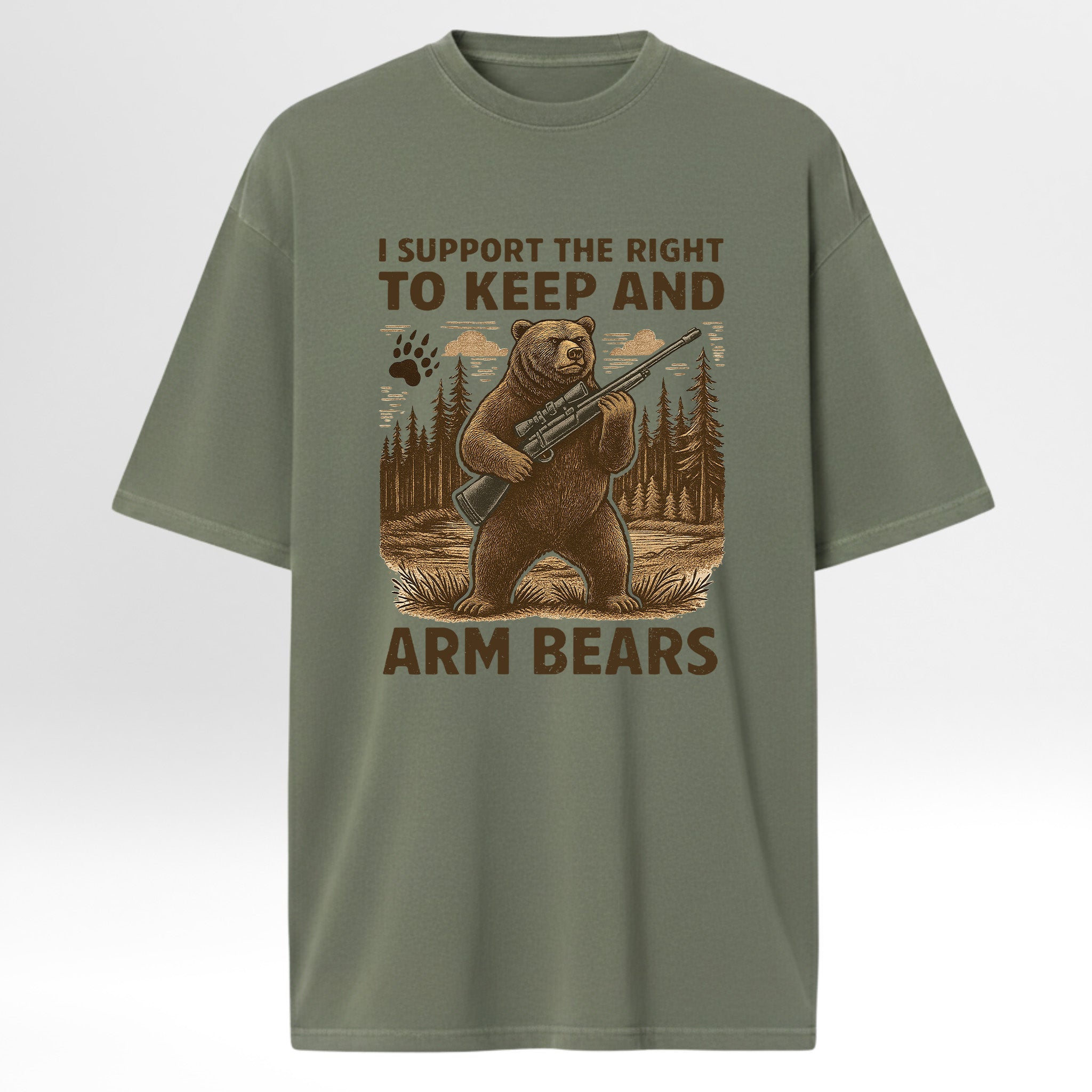 Green hunting t-shirt with bear graphic and text.