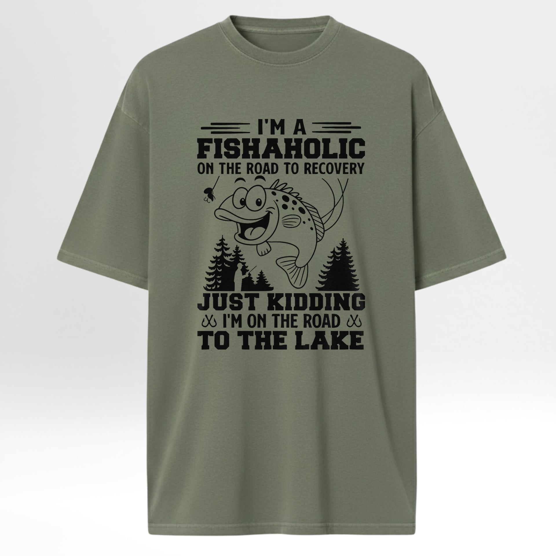 Green fishing t-shirt with fishing-themed text and graphic.