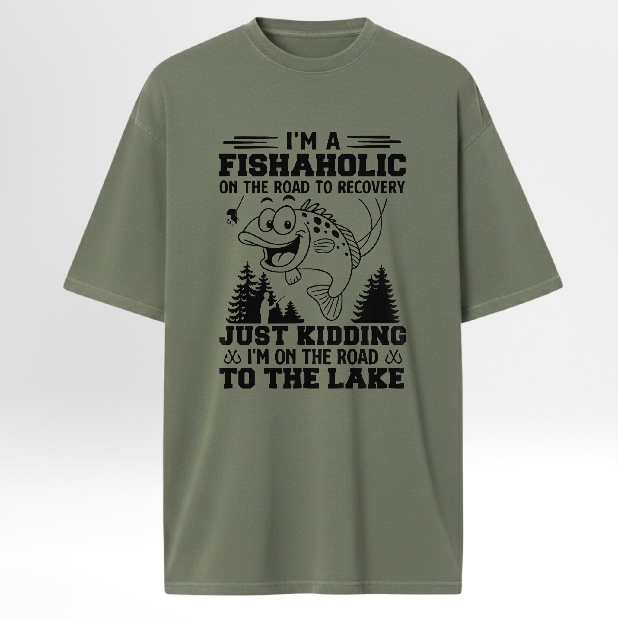 Green fishing t-shirt with fishing-themed text and graphic.