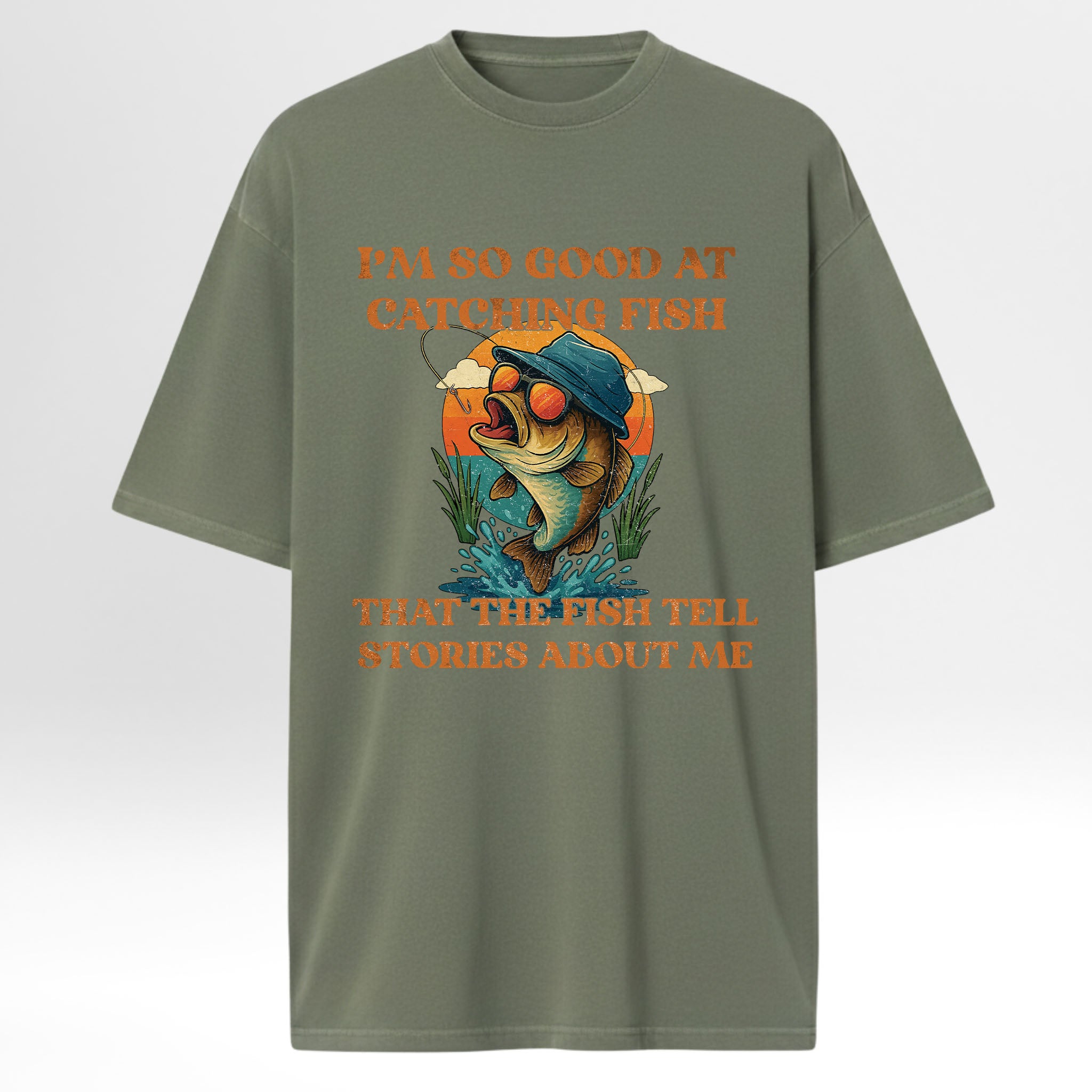 Green fishing t-shirt with a fish graphic and text.