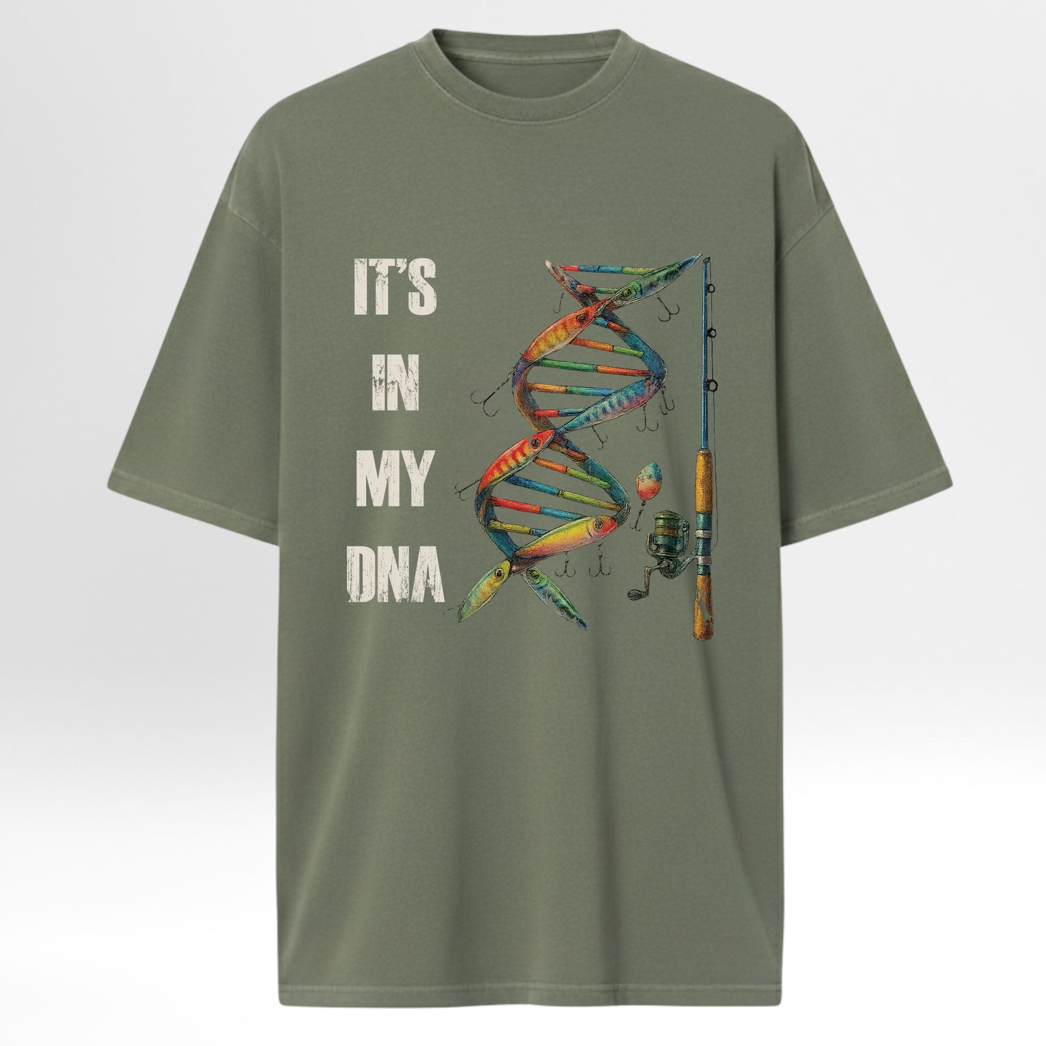 Green fishing graphic t-shirt with DNA double helix and fishing rod graphic on a white background