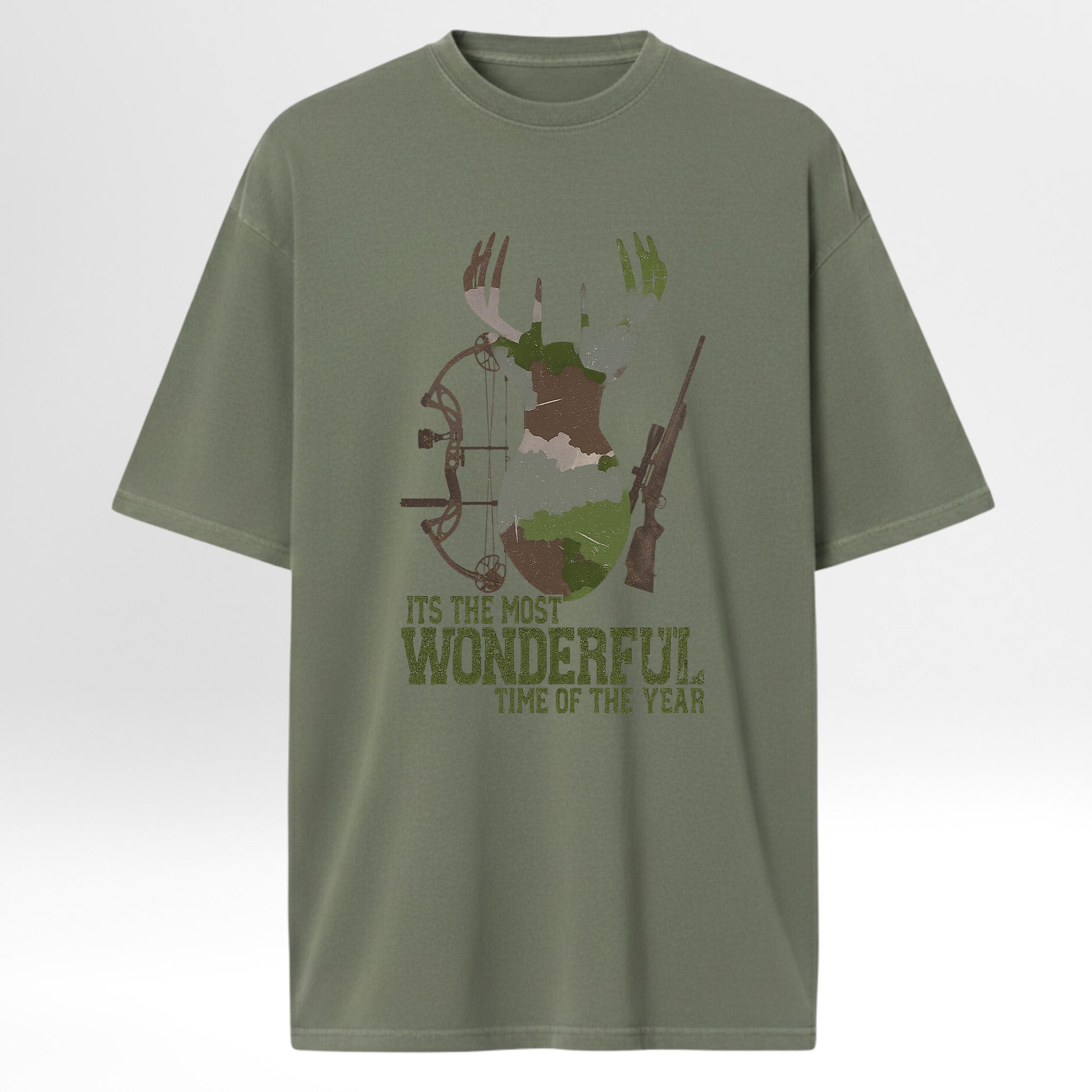 Green hunting t-shirt with hunting-themed graphic and text 'It's The Most Wonderful Time Of The Year'.