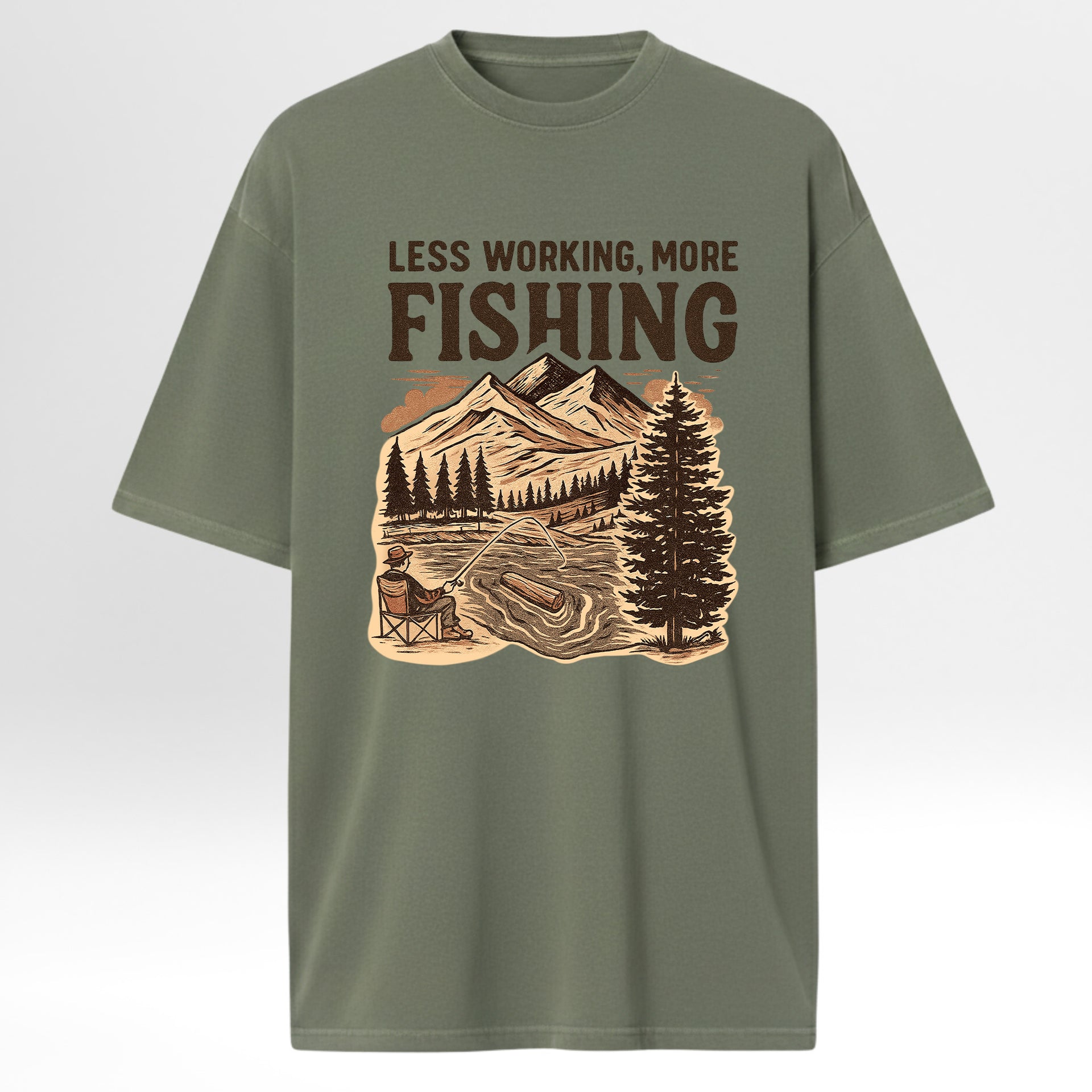 Green fishing graphic t-shirt with fishing graphic and text 'LESS WORKING, MORE FISHING' 