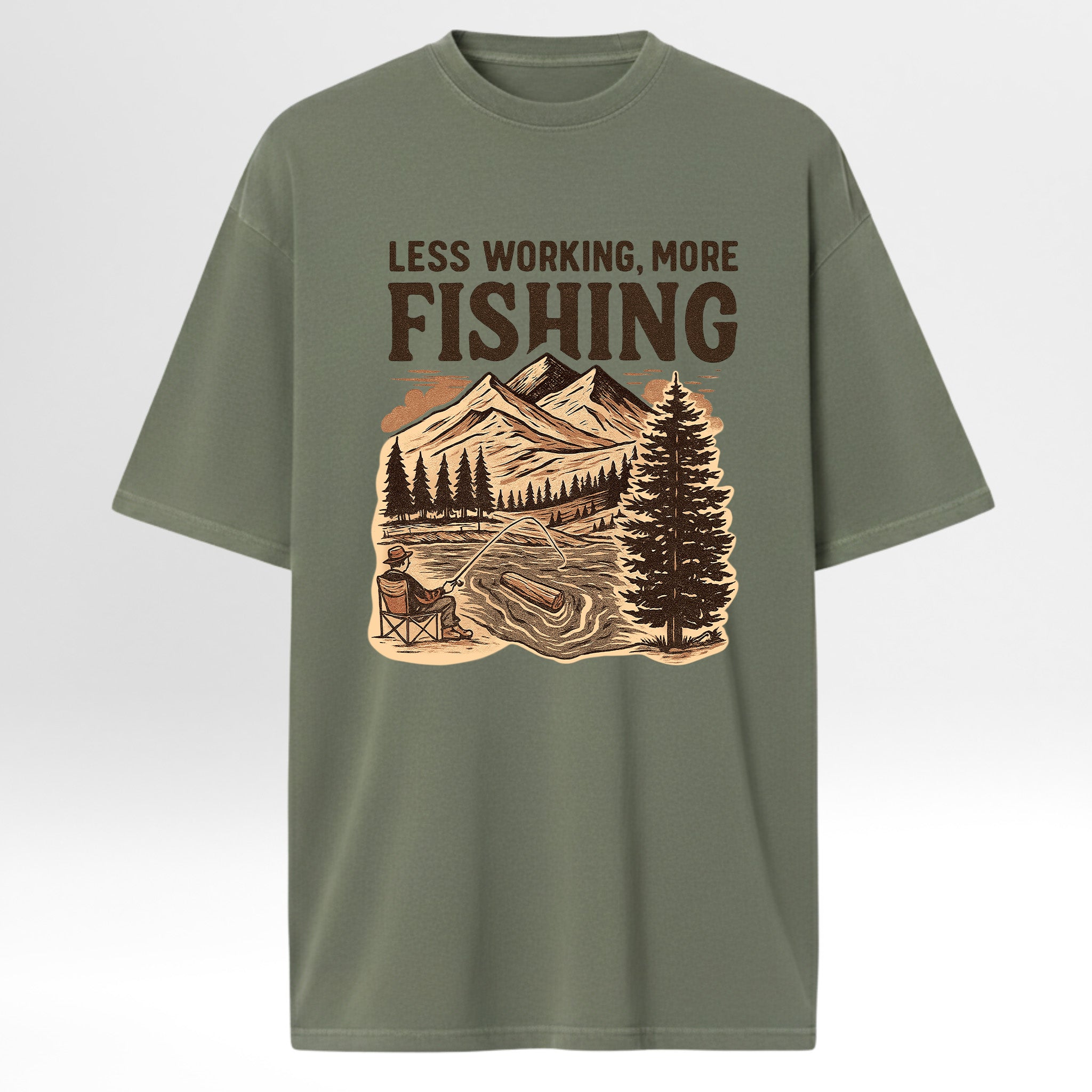 Green fishing graphic t-shirt with fishing graphic and text 'LESS WORKING, MORE FISHING' 