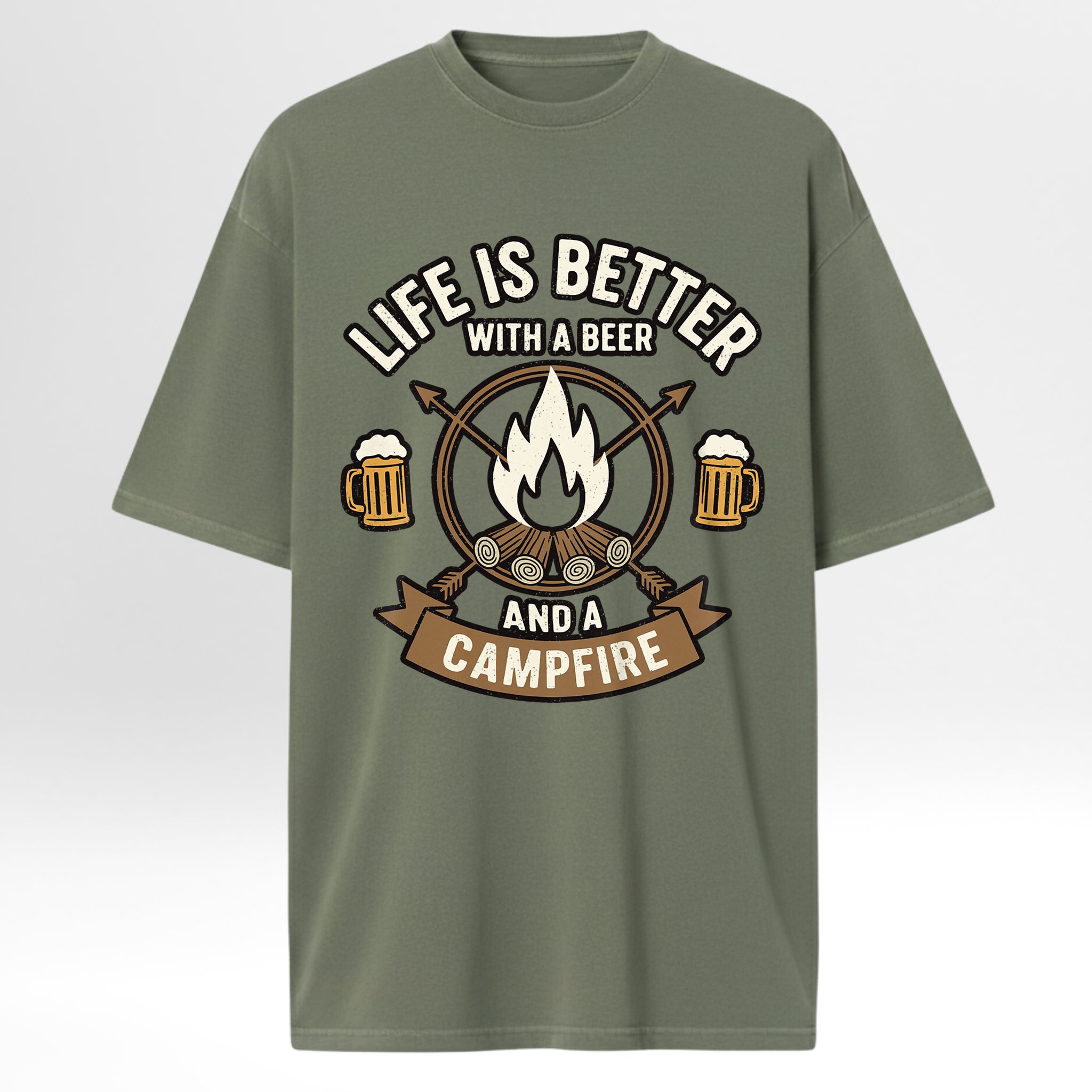 Green camp & trail t-shirt with 'Life is better with a beer and a campfire' graphic.