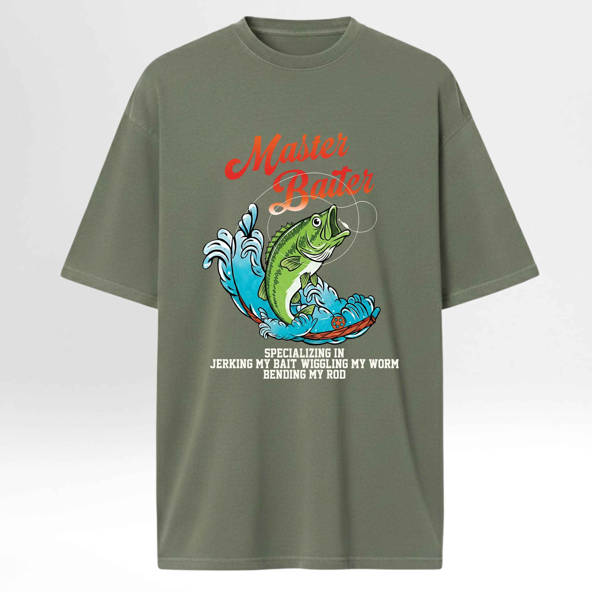 Green fishing t-shirt with fishing graphic and text.