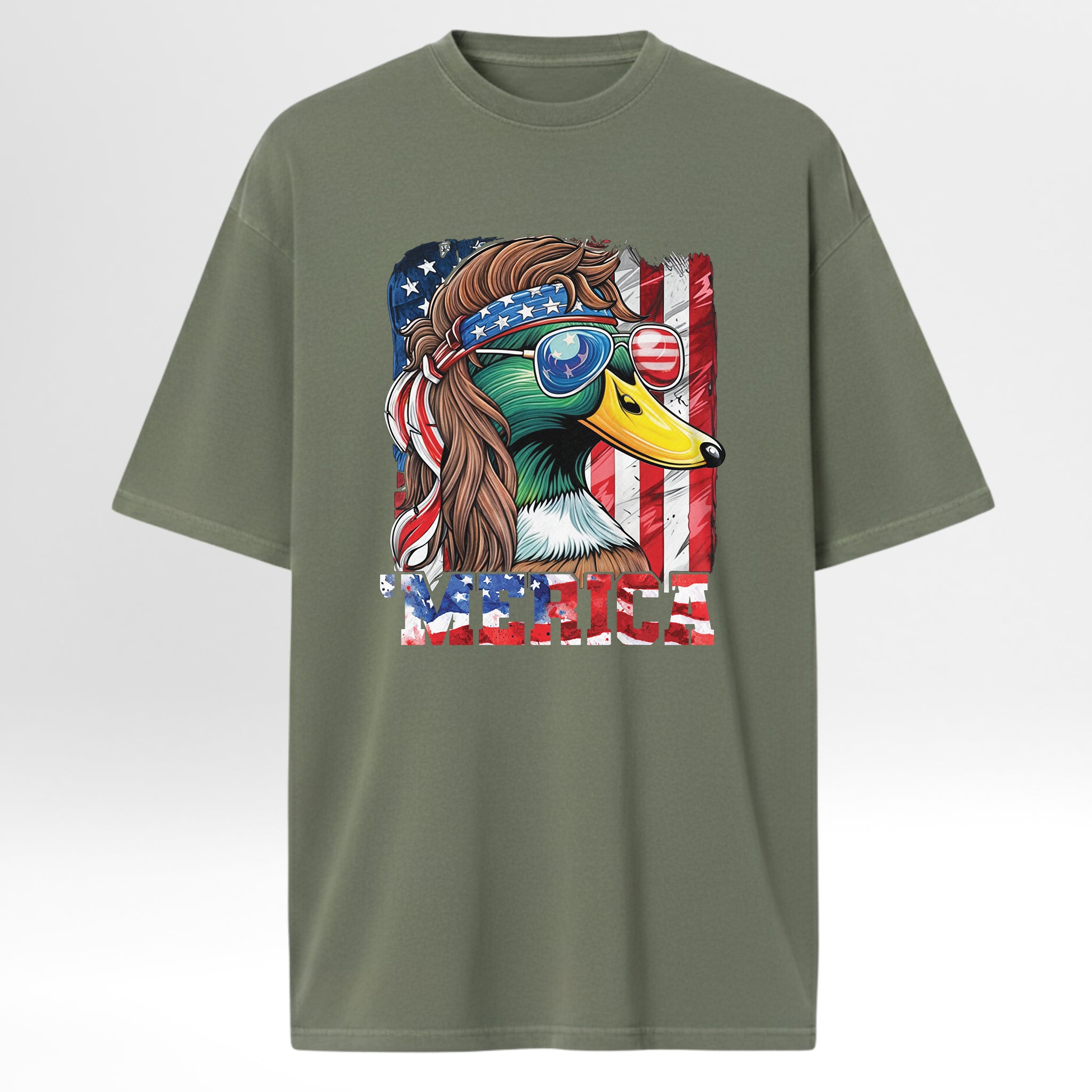 Green hunting graphic t-shirt with a graphic of a duck wearing sunglasses and an American flag headband.