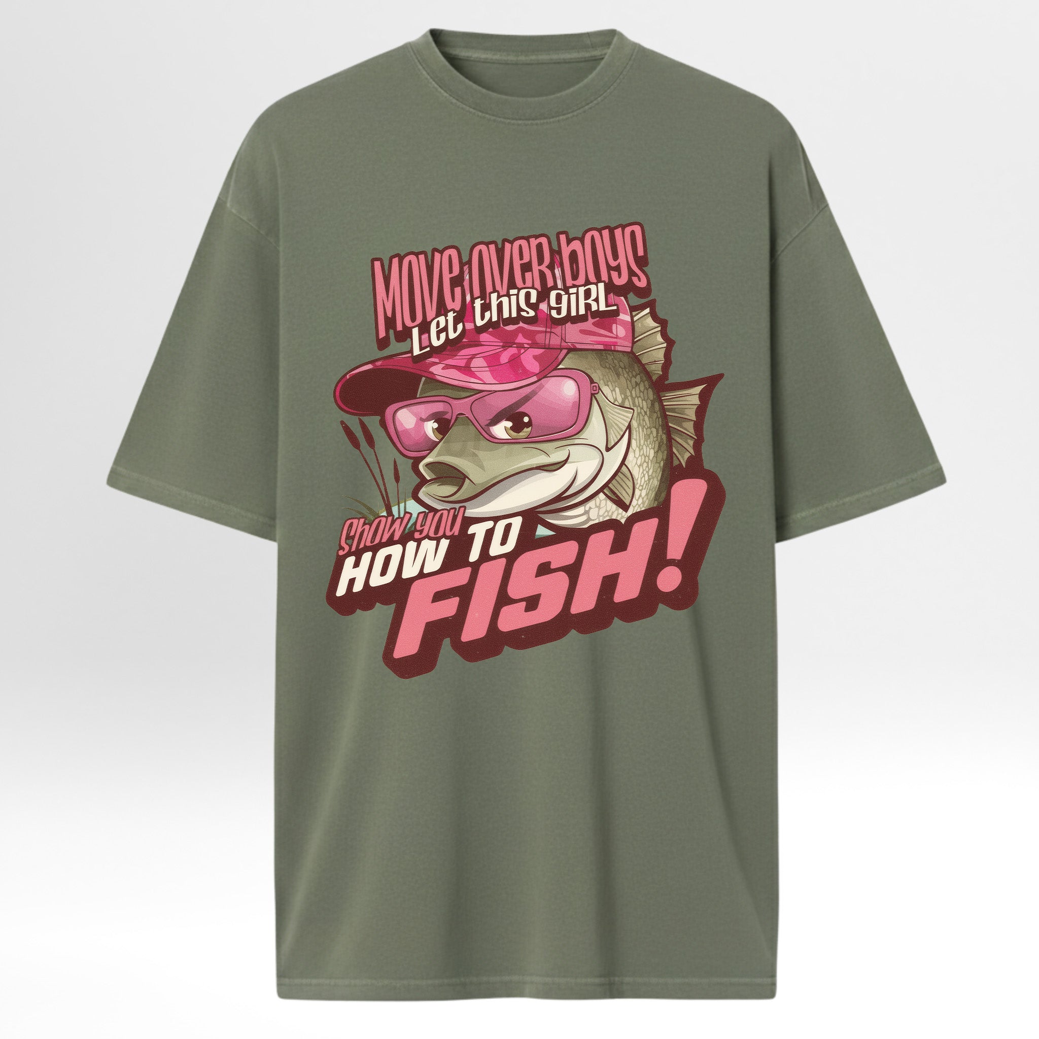 Green fishing t-shirt with a fish graphic and text 'Move Over Boys Let This Girl Show You How To Fish'.