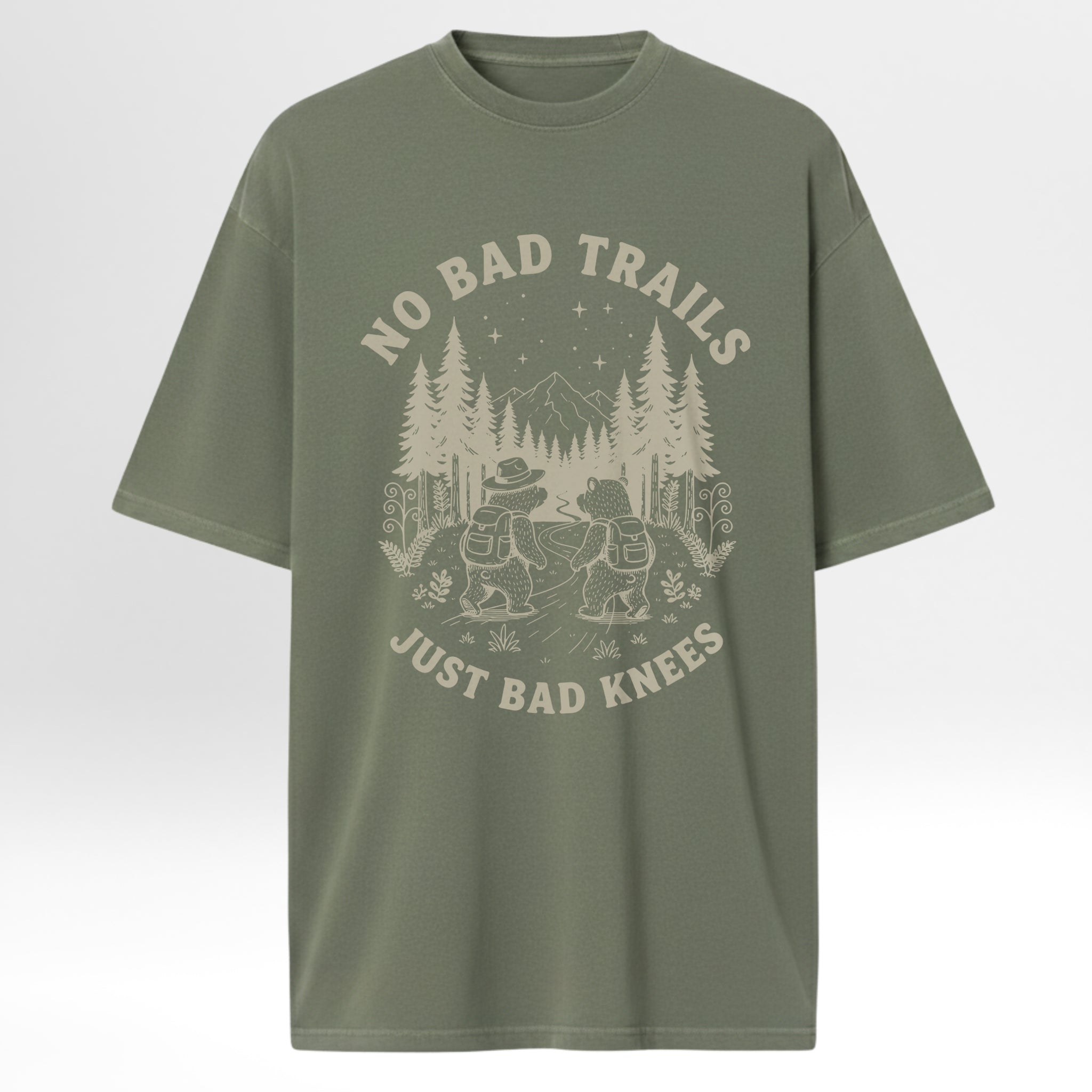 Green camp & trail t-shirt with a graphic design and text 'No Bad Trails Just Bad Knees'.